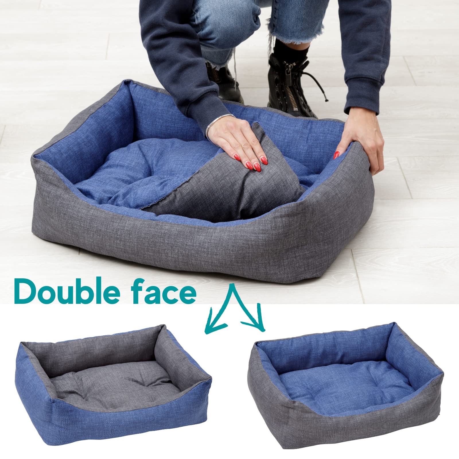 Baroni Home Cuccia per Cane in tessuto Grigio e Blu Taglia L 70 x 85 cm, Morbido Divano Rettangolare, Comodo, per Camera da Letto Salotto Corridoio, Lavabile