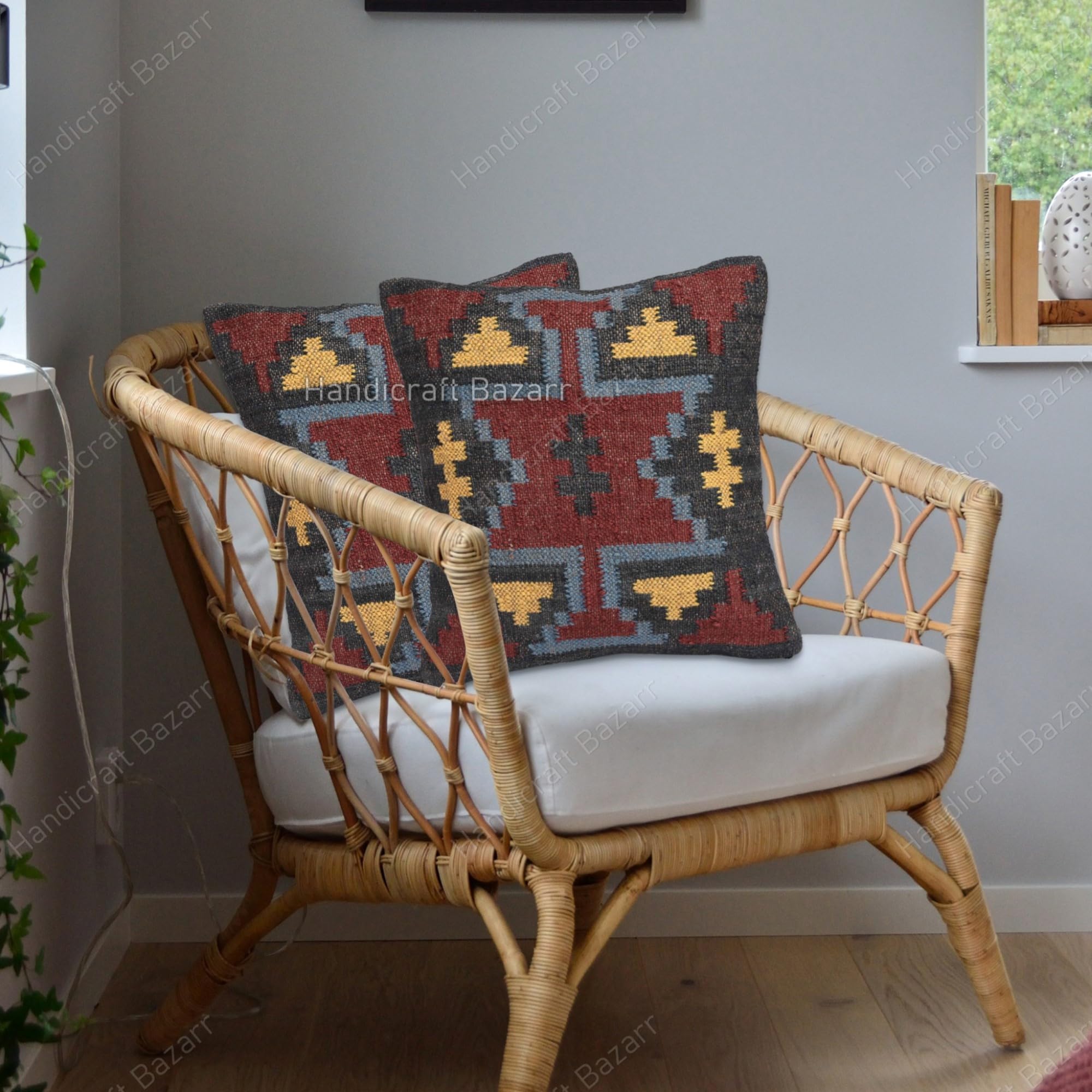 Handicraft Bazarr Set of 2 Pcs Wool Jute Cushion Cover Turkish Home Decor Kilim Pillow Case Hanwoven Throw Pillow Protector Rustic Floor Sofa Sham Indoor Outdoor Decor 18x18 Inch Square