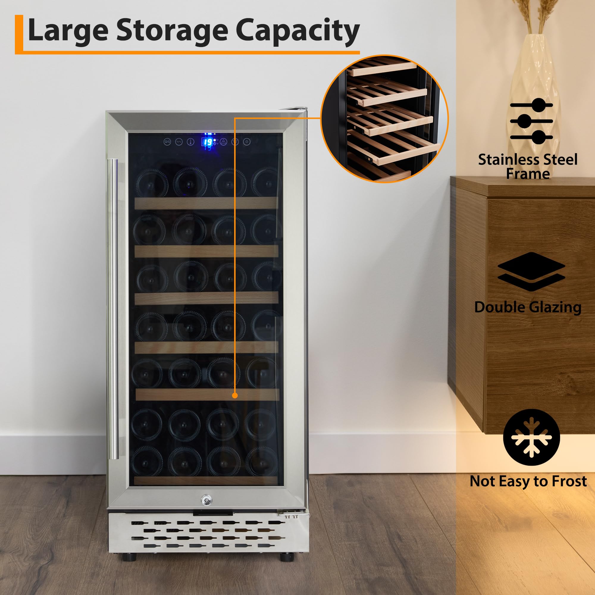 Garveehome 15 Inch Wine Cooler Refrigerator,28 Bottle Capacity, Freestanding Or Built-In Design, 41-65°F Digital Thermostat, LED Touch Display, Tempered Glass Door, Ideal For Home, Bar, Office Use on Fridge.com - View 5