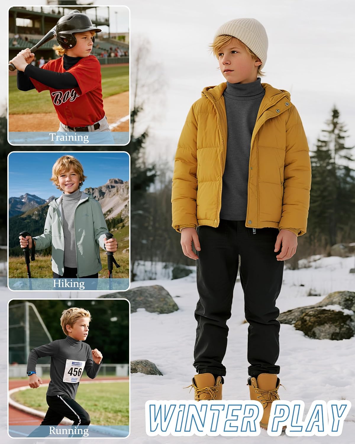 3 Pack Boys Thermal Turtleneck Long Sleeve Fleece Tops, Compression Shirts Youth Basic Layer Warm Undershirt Winter - Image 2