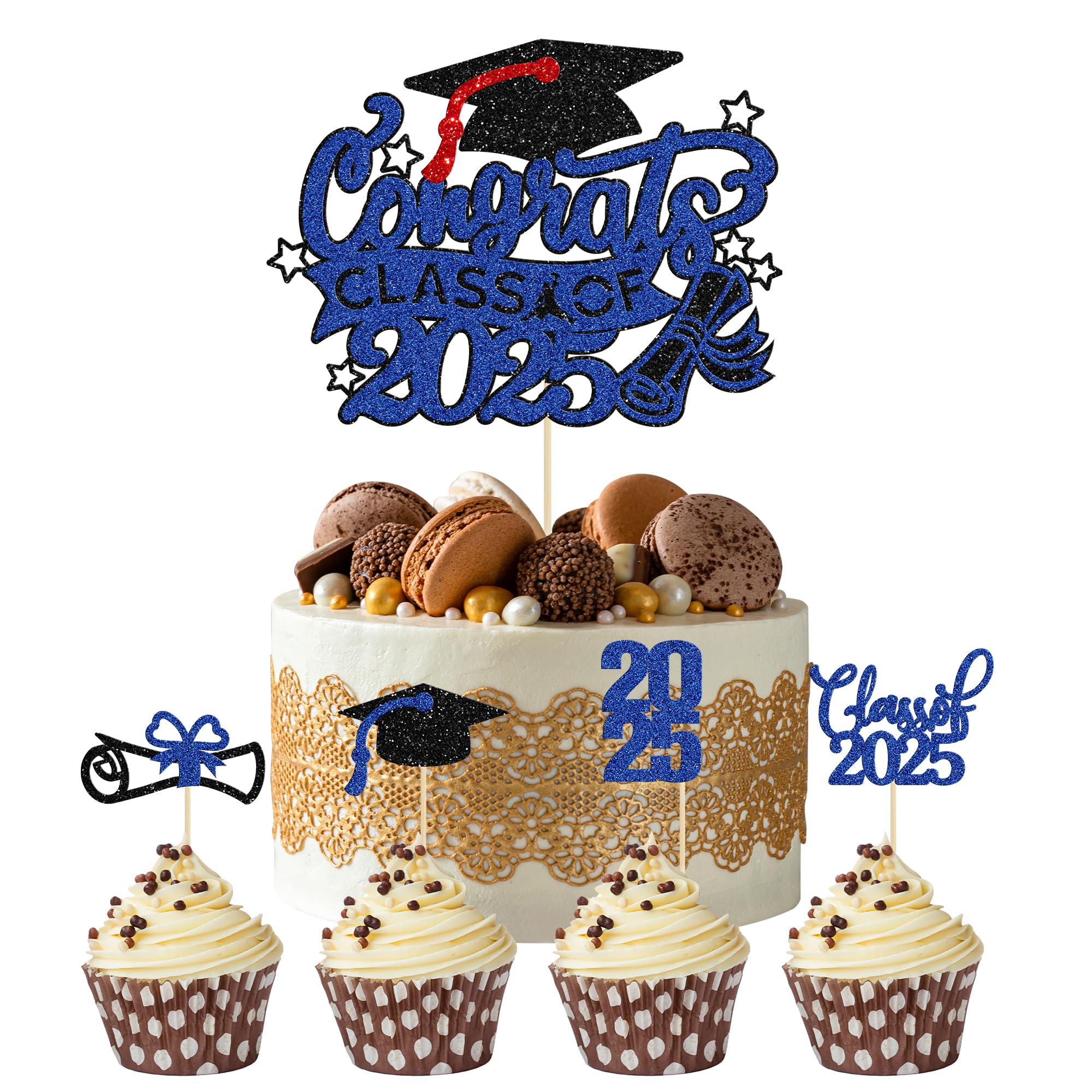 Gyufise 25Pcs 2026 Graduation Cupcake Toppers Glitter Class of 2026 Cake Topper Diploma Grad Cap Class of 2026 Cupcake Picks Decorations for 2026 Graduation Theme Party Supplies Black Blue