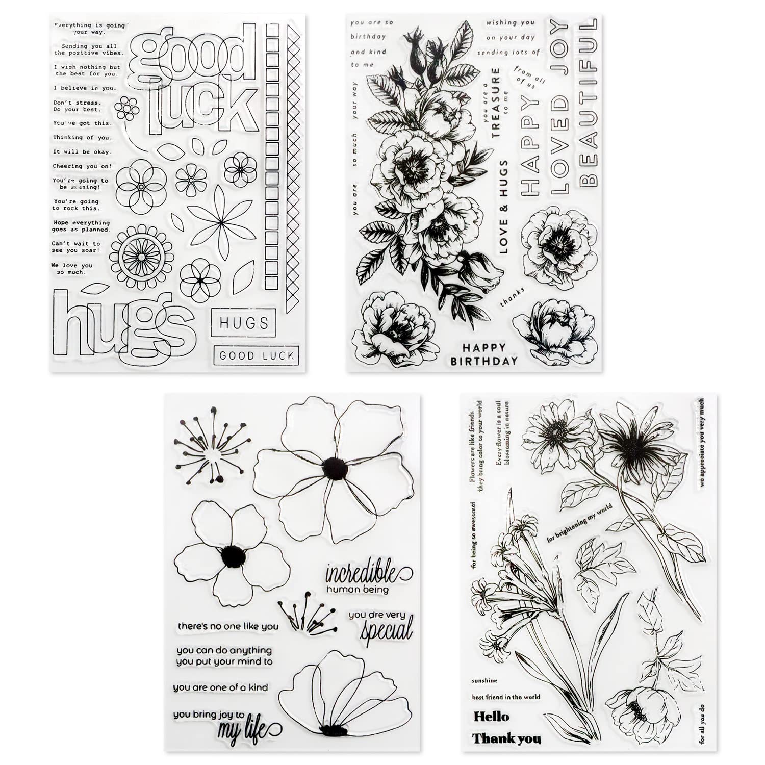 4Pcs 15×20cm/6x8in Flowers and Blessing Words Silicone Clear Stamp, Clear Rubber Stamp for DIY Scrapbooking, Card Making and Decoration(Style A)