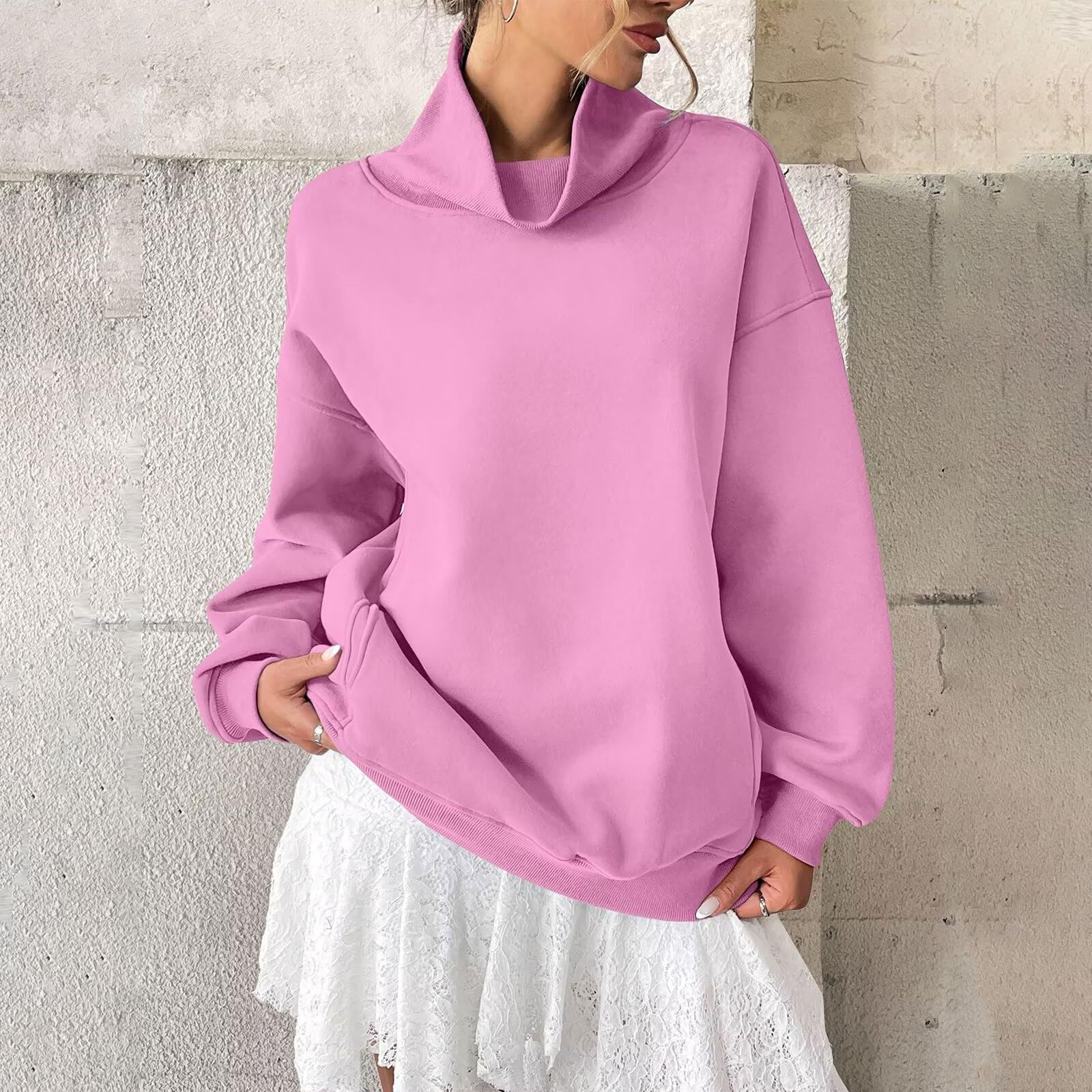 Generico Sudadera sin capucha para mujer cuello alto color liso manga larga