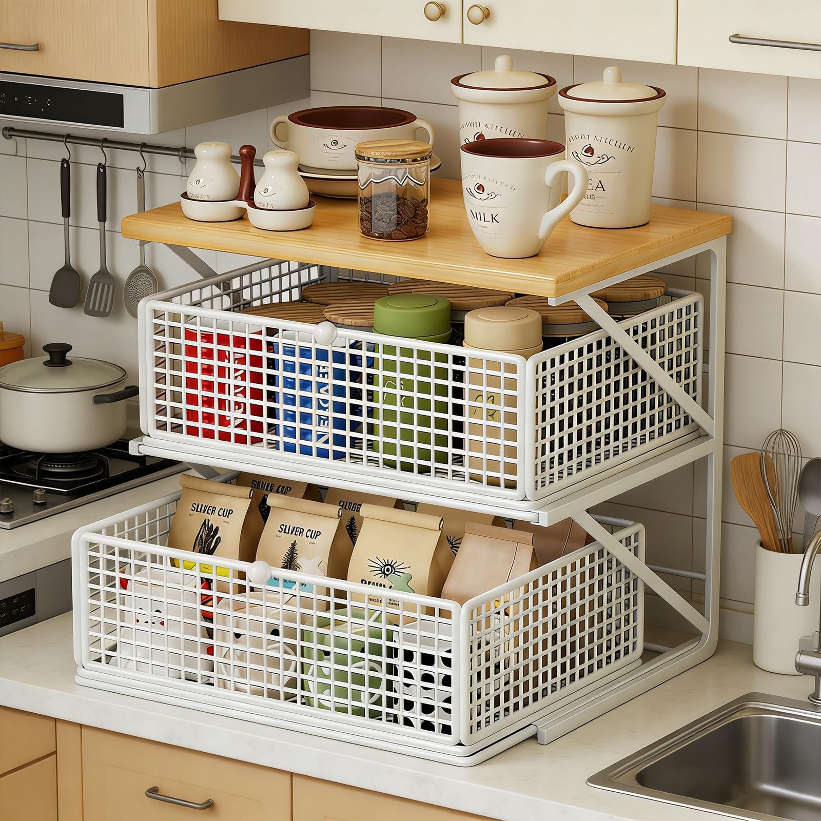 Metall Küchenorganizer Arbeitsplatte, Ausziehbare Schubladen, Multifunktionaler Tisch-Aufbewahrungsregal für Snacks, Teebeutel, Kaffeemaschine, Platzsparender Organizer (Weiß+Naturholzfarbe)