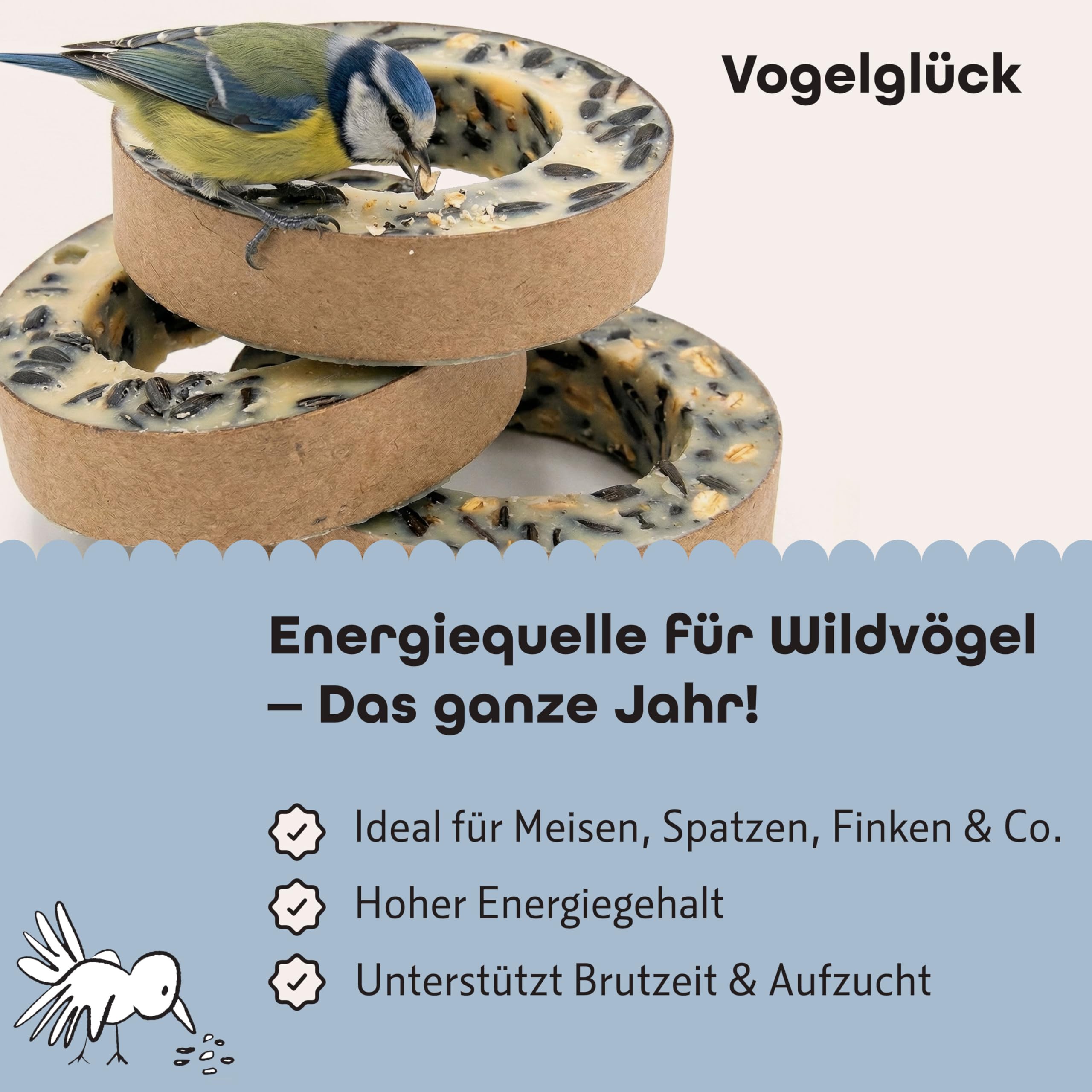 Vogelglück Meisenringe 6x3 Stück – Energiereiches Wildvogelfutter mit Saaten & Getreide – Ganzjahresfutter zum Aufhängen für Meisen & Wildvögel, Vogelringe für Körner und Weichfutterfresser