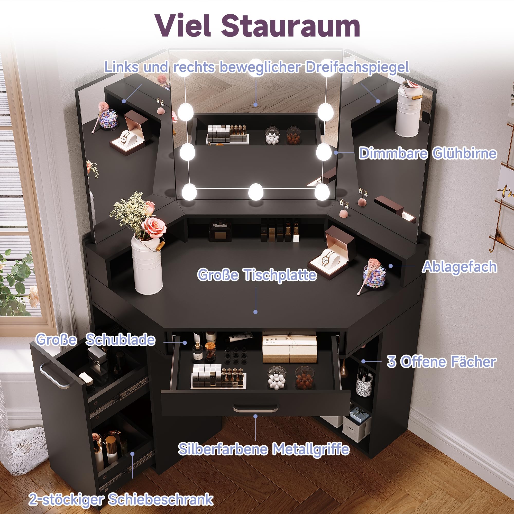 SONNI Eck Schminktisch mit Dreifachspiegel & 3-Farben LED Beleuchtung, 110x54x141.5cm, Kosmetiktisch mit Schubladen, Auszugsschrank, Regale, 3 Offene Fächer, Frisiertisch für Schlafzimmer, Schwarz