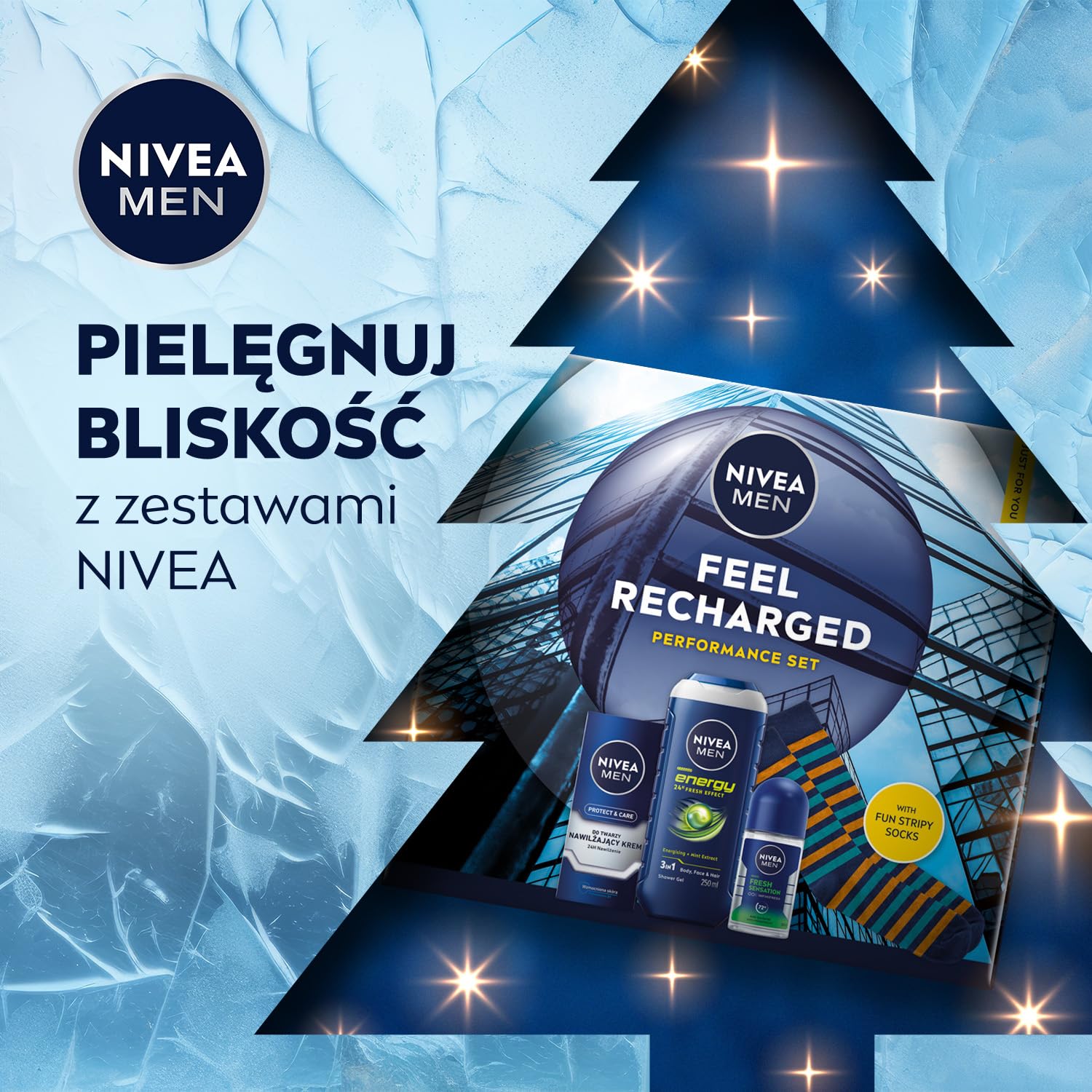 NIVEA MEN Feel Recharged Świąteczny prezent - Zestaw kosmetyków dla mężczyzn do twarzy i ciała: krem nawilżający, żel pod prysznic i antyperspirant roll on + skarpetki GRATIS