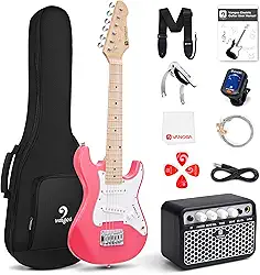 Guitarra elétrica Vangoa de 76 cm para iniciantes kit para jovens músicos com amplificador, bolsa, alça, cordas extras, capo, afinador, palhetas, cabo (rosa)