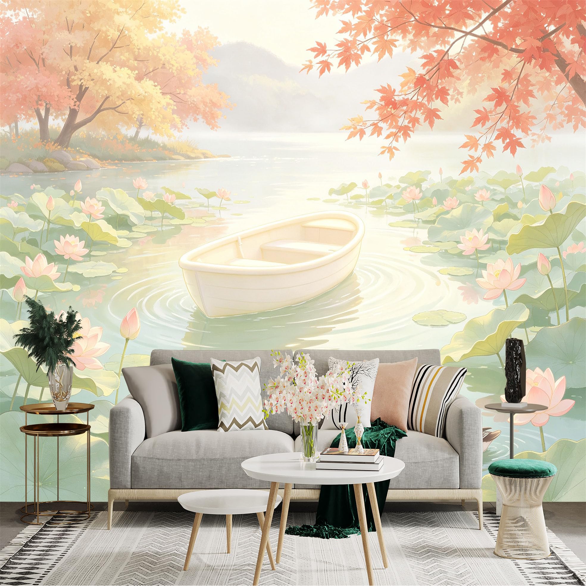 Custom Size Wall Sticker Mural， White Boat on Pond， Pink Lotus Flowers and Mandarin Ducks， Autumn Leaves， for wall Decoration， peelandstick wall Decals.