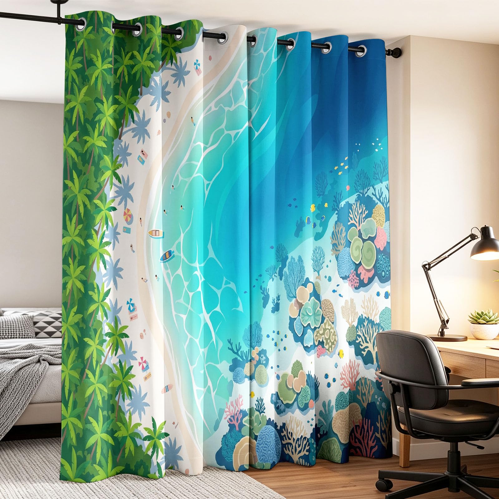 Générique Rideau Occultant Côtier Tropical 117 x 137 CM, Côte Paysage Rideaux et Draperies pour Enfants Filles Chambre Salon Rideaux de Fenêtre Thermiques Isolants
