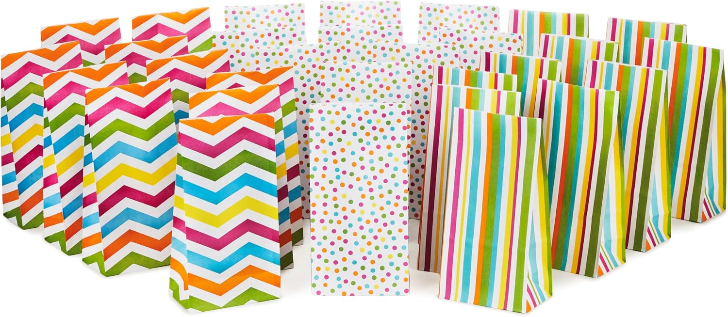 Hallmark Spring Pastel Party Favor and Wrapped Treat Bags, Assorted Designs (30 Ct., 10 Each of Chevron, Dots, Stripes) for Baby Showers, Birthdays, Easter, Mothers Day, Care Packages, May Day