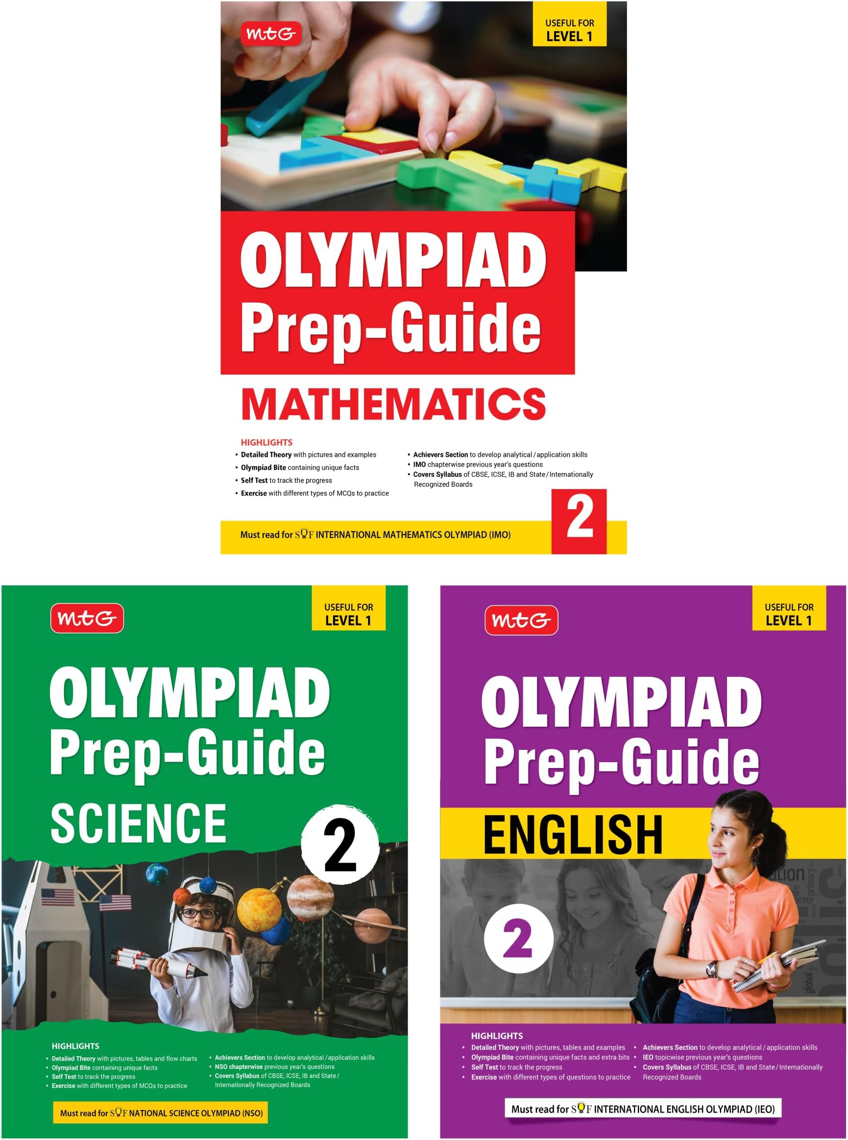 MTG Olympiad Prep-Guide Class-2 Mathematics, Science & English (Set of 3 Books) - Detailed Theory, Self Test with IMO-NSO-IEO Chapterwise Previous Year Question Paper For SOF 2024-25 Exam