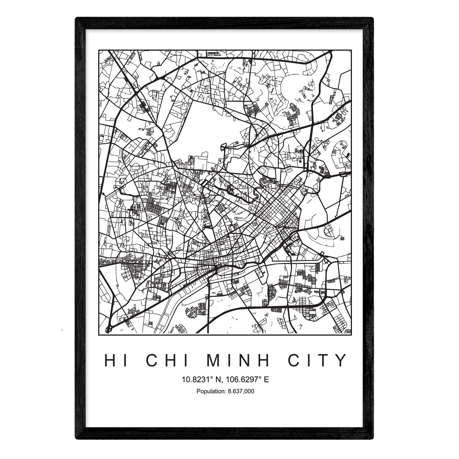 NacnicMap blade Hi Chi Minh City Scandinavian style in black and white. A3 size poster Printed paper No 250 gr. Paintings, prints and posters for living room and bedroom