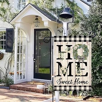 ORTIGIA Home Sweet Home Magnolia Garden Flag Double Sided 12.5x18 Inch Spring Summer Buffalo Plaid Check Small Yard Flag Burlap Vertical Farmhouse Rustic Outside Outdoor Lawn Patio Decor