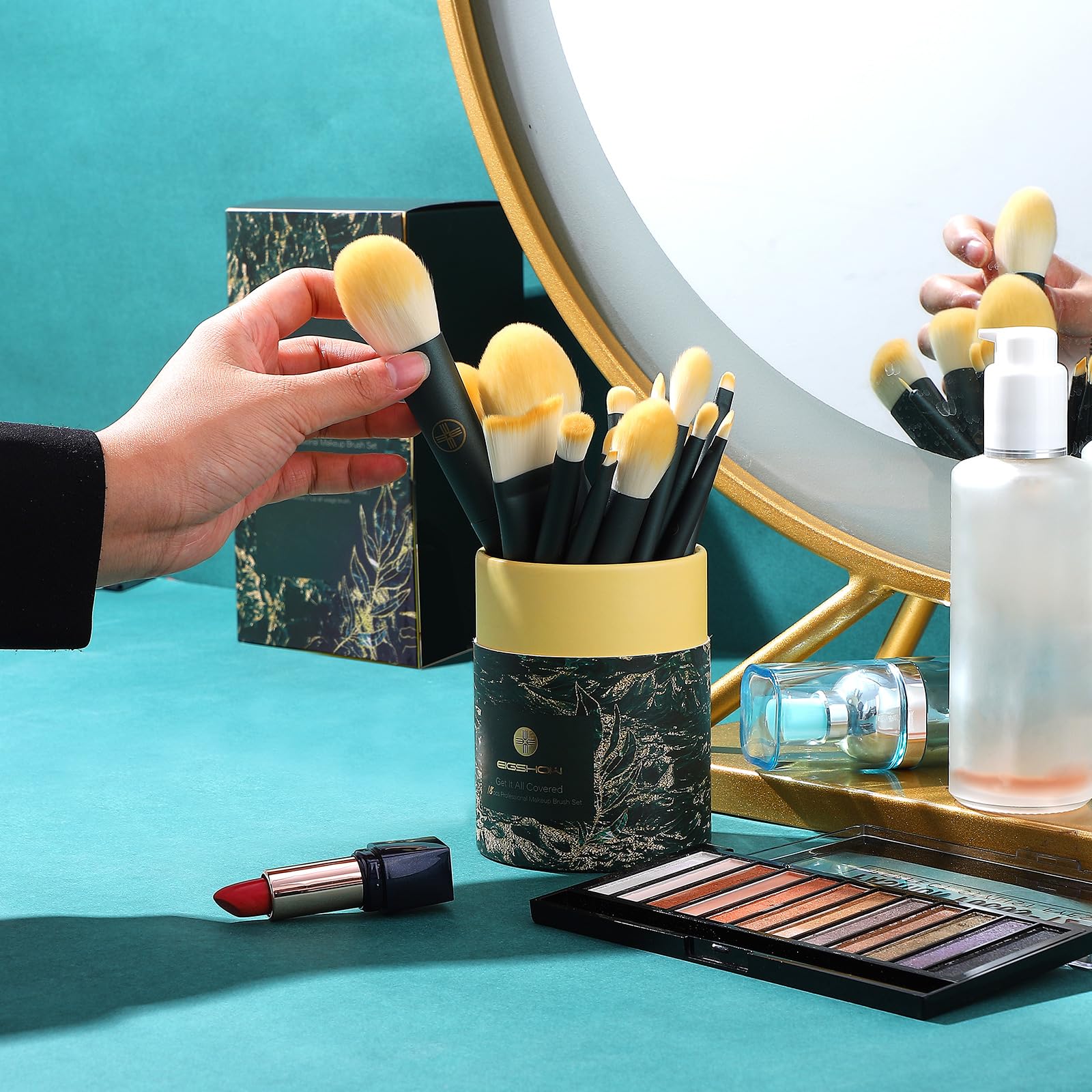EIGSHOW Set di pennelli da trucco professionali da 18 pezzi con cilindro ecologico, supporto da 2 tazze, base sintetica di alta qualità, correttore di polvere, fard, mix di occhi, labbra, kit di