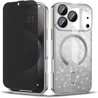 Misscase for iPhone 17 Pro Max Case 6.9 inch,Magnetic Glitter Shockproof Plated Soft TPU Phone Cover ompatible with MagSafe,Built-in Camera Lens Protector,with Privacy Screen Protector*1 Silver