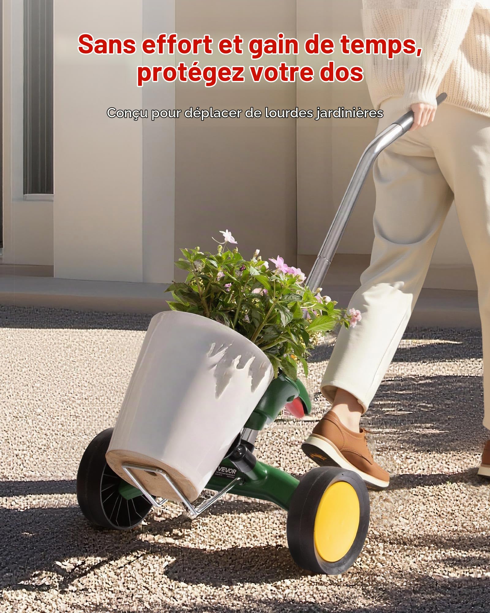 VEVOR Diable de Transport pour Plantes en Pot, Chariot Déplace Pots de Fleurs de Jardin Robuste, avec Bras à Griffes Réglable, Capacité Charge 65 kg, Verrouillage Sécurisé, pour Intérieur, Extérieur