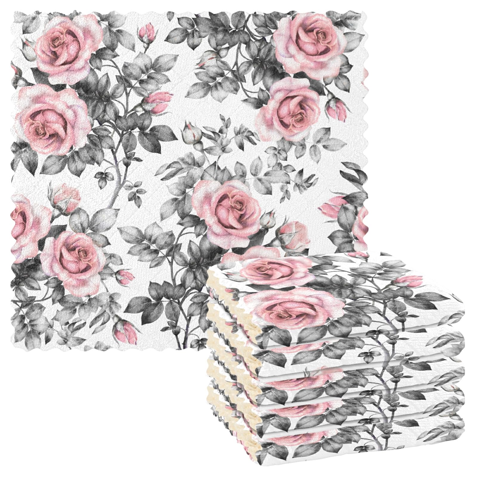 Poeticcity White,Grey,Pink,Rose Vintage Pink Rose Flowers And Grey Leaves Seamless On White 6 Set Kitchen Dish Towels, Washcloths Cleaning Cloths Dish Cloths, Absorbent Towels Lint Free Bar Tea Soft Waffle Towel 11"X11"