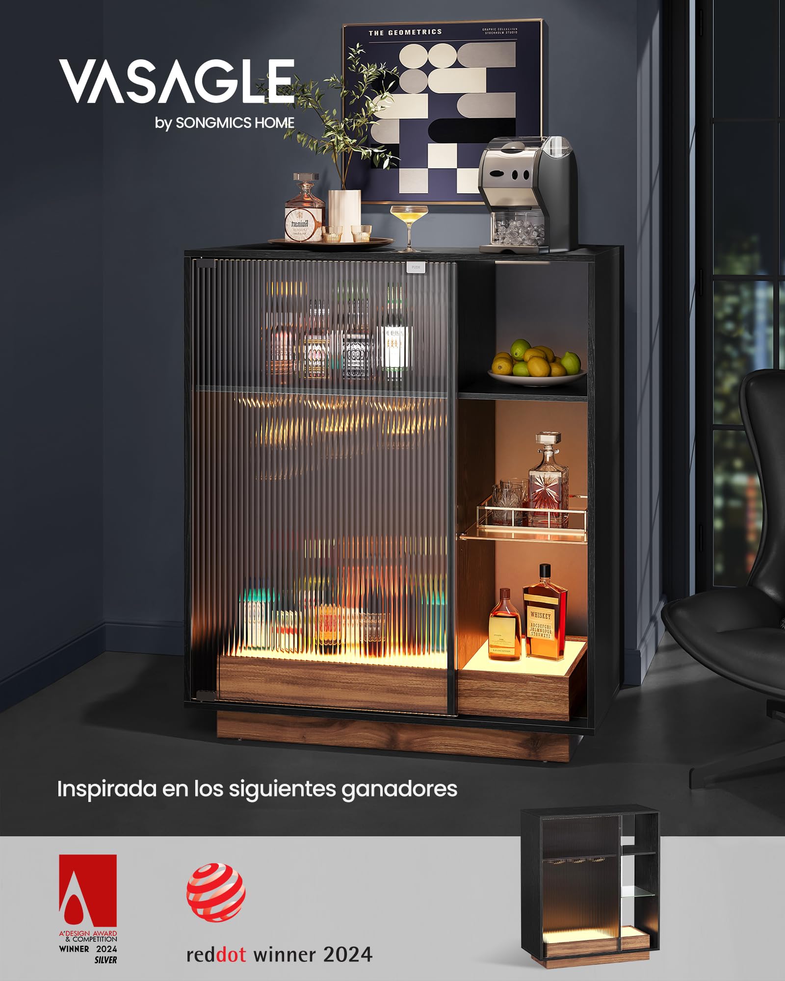 VASAGLE Aparador, Armario Bar Vino con Luces LED, con Almacenaje para Vino, Bar Café Licor, con Portavasos, Puerta de Vidrio Acanalado, para Sala de Estar, Negro Ébano BBK361B21