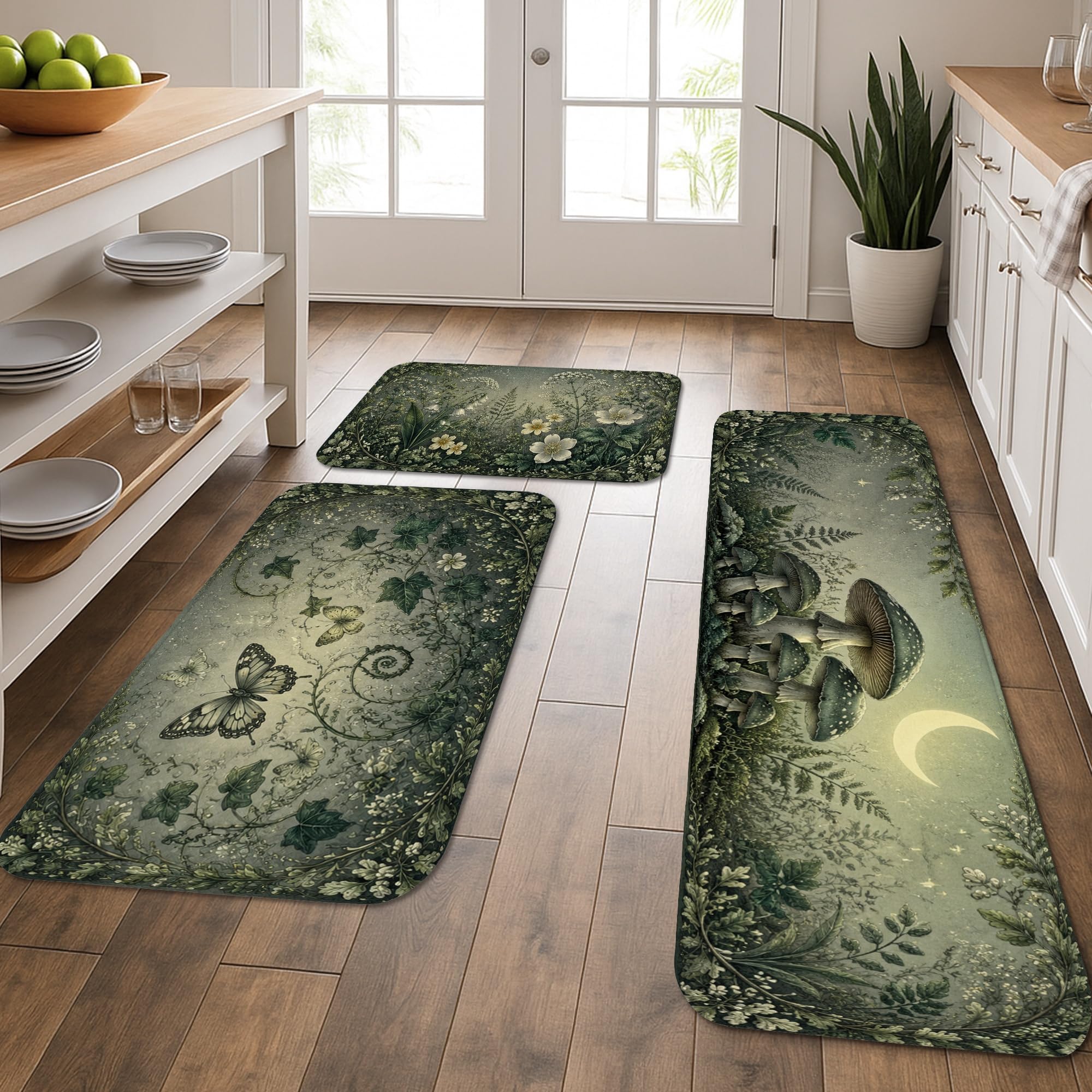 Tapis de cuisine lot de 3 nature papillon champignon lavables pour sol