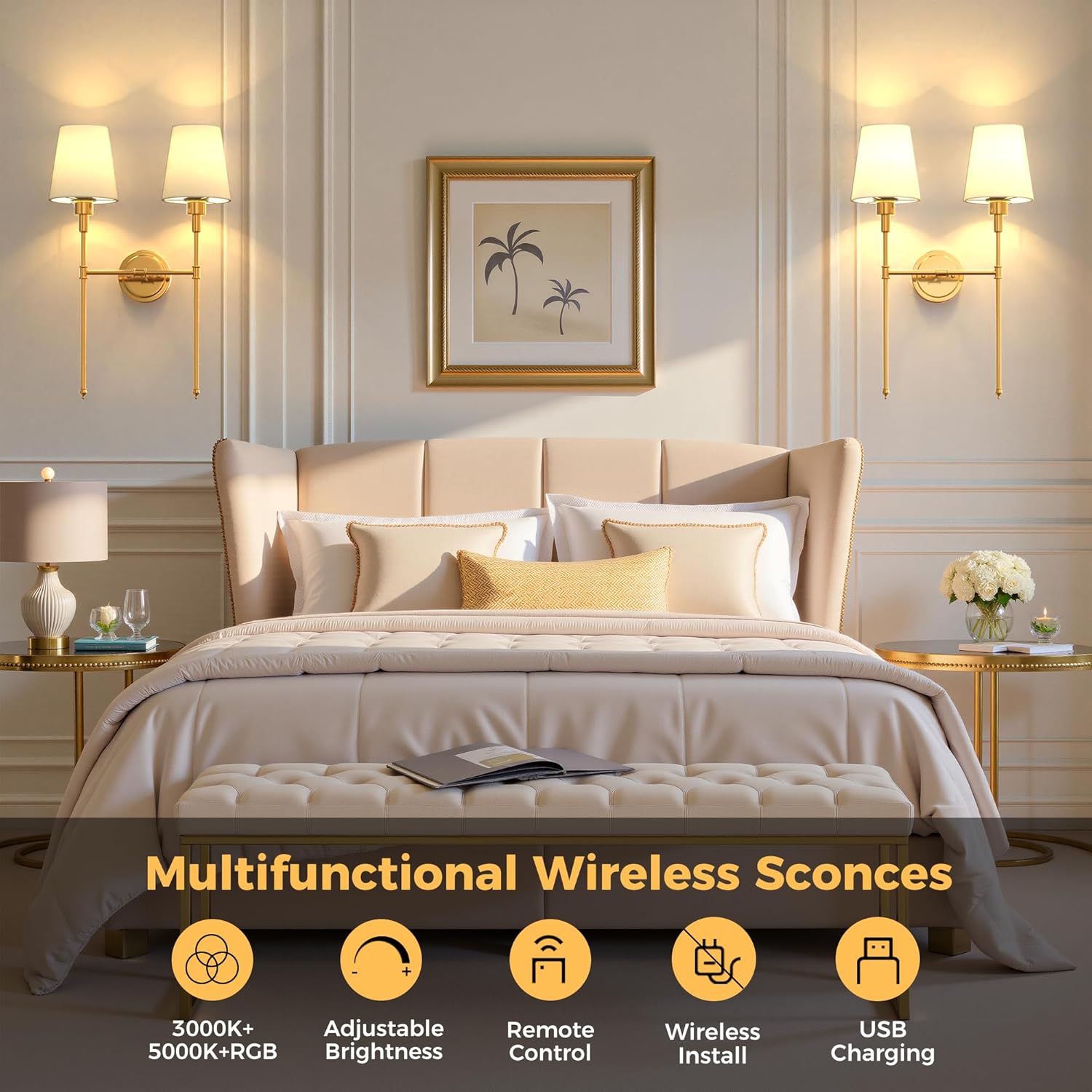 DORESshop 2-Lights Battery Operated Wall Sconce, Wall Light Wireless Easy to Install Remote Control, Dimmable Sconces Wall Decor Rechargeable Wall Lamp for Bedroom, Living Room, Gold (1 Pack)