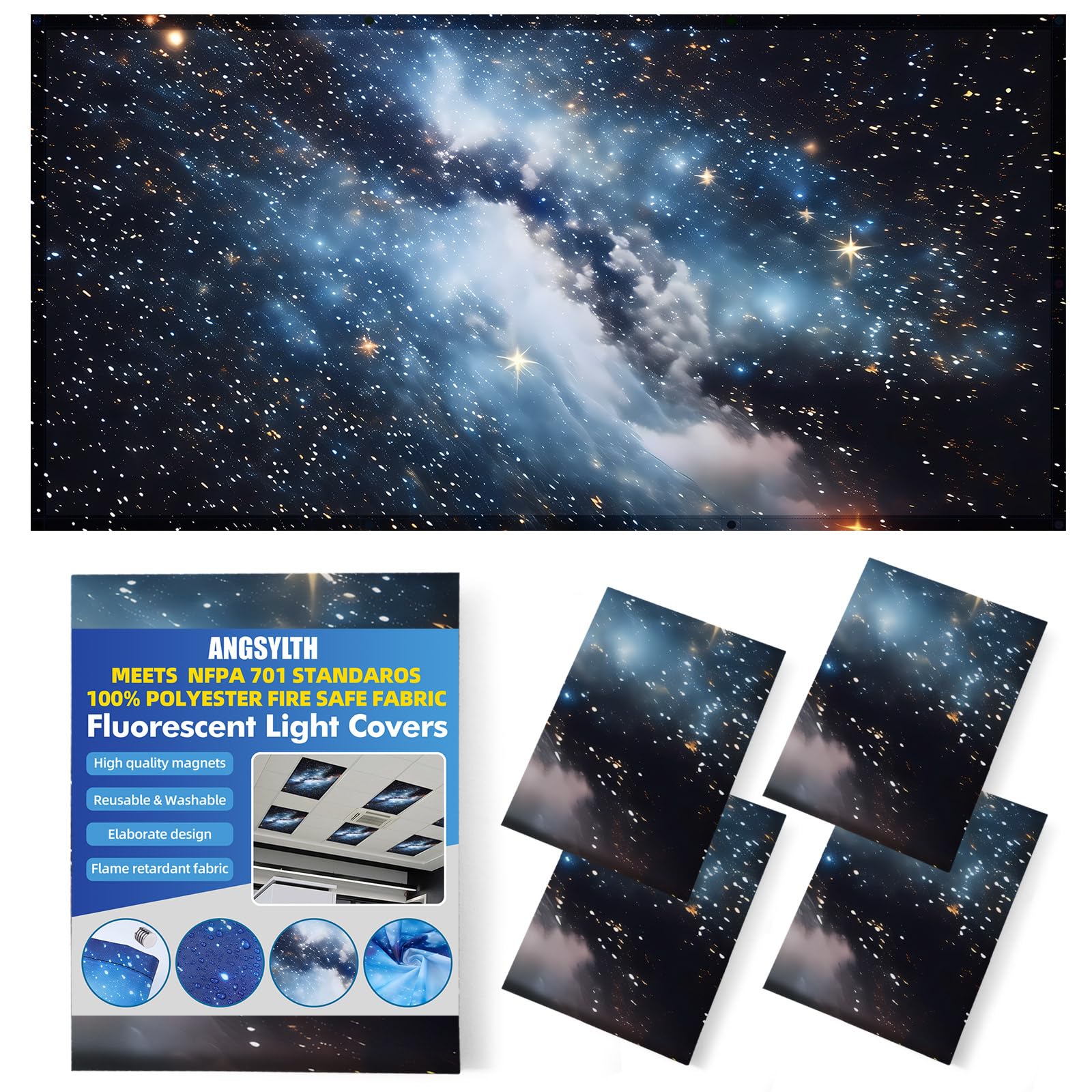 ANGSYLTH 4 Pcs Fluorescent Light Covers - Classroom, Office 4 x 2 Feet Flame Retardant Magnetic Covers for Ceiling Lights Filters (Galaxy)