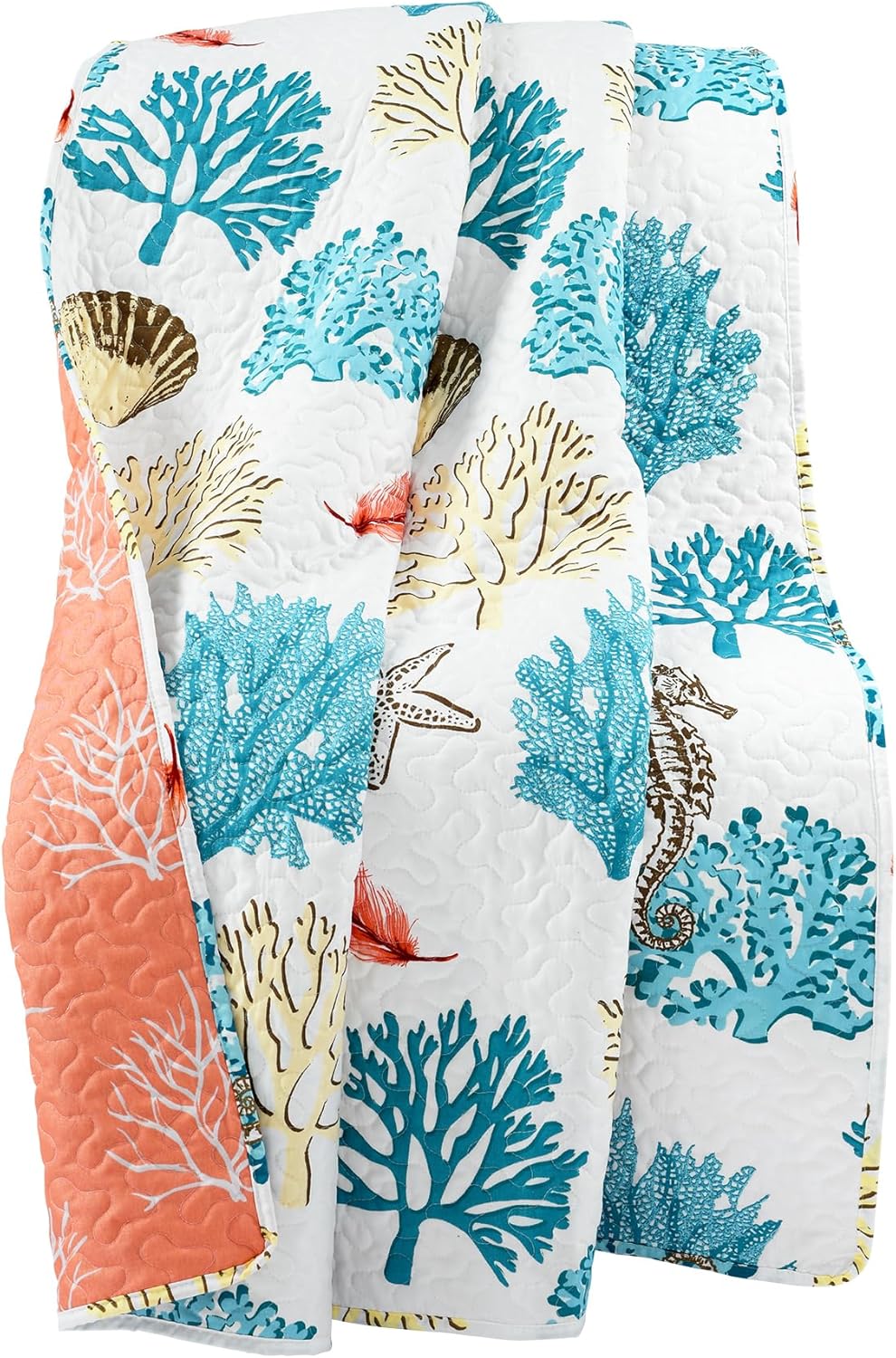 Lush Decor Coastal Reef Feather Reversible Throw Blanket, 50" W x 60" L, Blue & Coral - Throw Blankets for Bed - Couch Blanket - Coastal Throw Blanket for Couch - Image 7