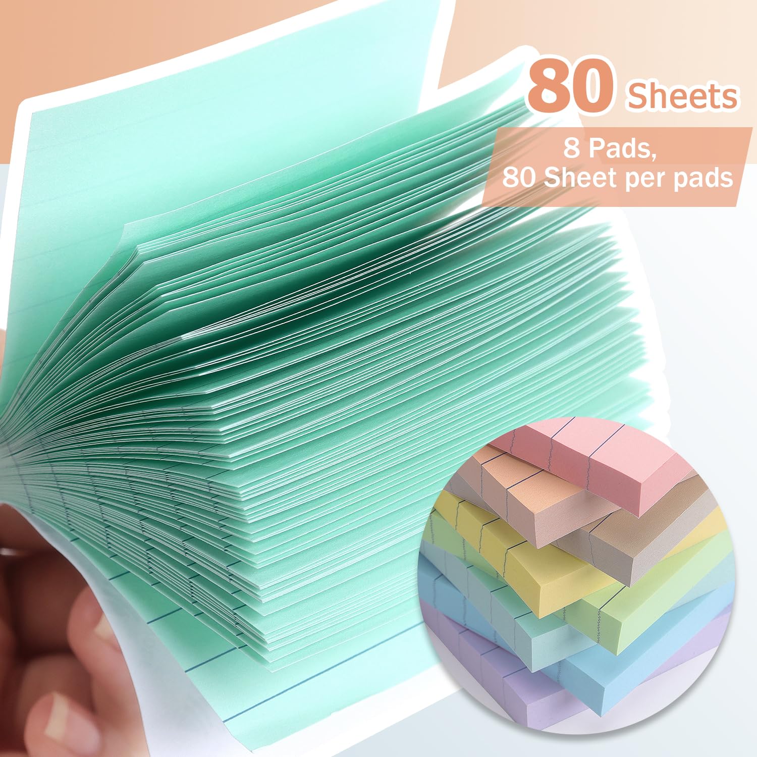 Foglietti adesivi a righe, 7,6 x 7,6 cm, confezione da 8 pezzi, colori chiari, di alta qualità, autoadesivi, per ufficio, scuola e uso domestico, facili da usare, riutilizzabili e rimovibili