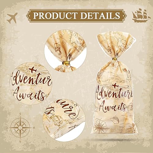 Miniatura 3 de Frienda 100 bolsas de celofán con temática de aventura, decoración de fiesta de aventura, bolsas de regalo con temática de viaje, mapa del mundo,