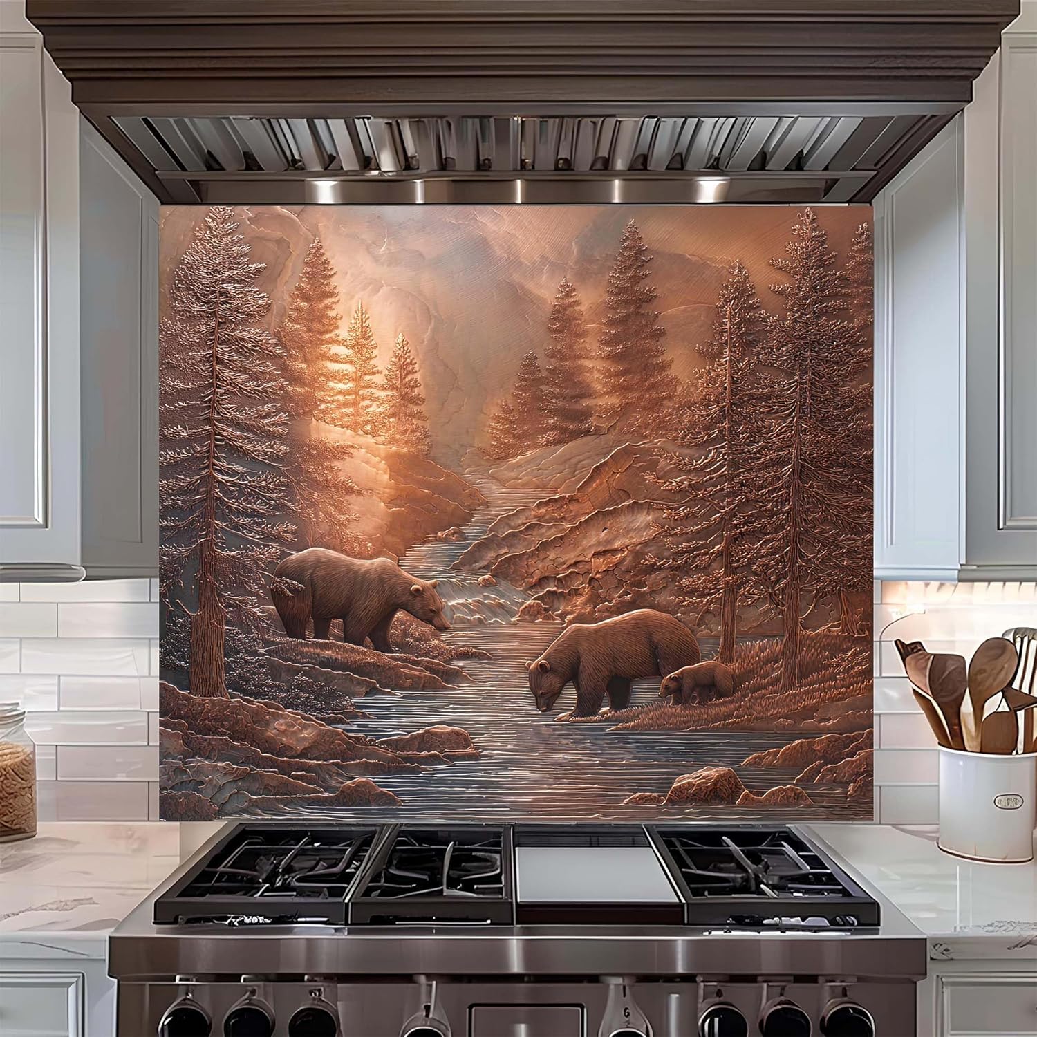 Tempered Glass Backsplash, Copper Look Bear Glass Backsplash, Kitchen Backsplash Behind Stove, Backsplash for Kitchen Wall, Easy to Install Stove Splashback (Bear-2)