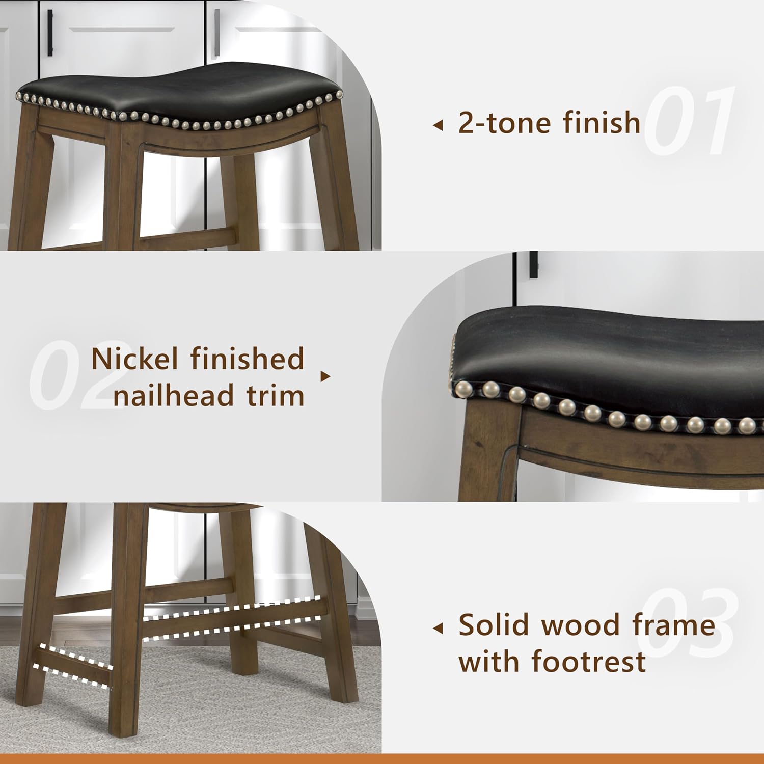 Lexicon Ordway Solid Wood Dining Height Stools - Saddle Table Height Stools for Transitional Dining Versatile Kitchen Seating Options, Perfect for Casual Entertaining Spaces, 19" SH, Black