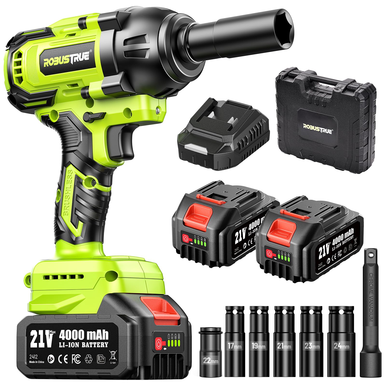 Robustrue Cordless Impact Wrench, 885Ft-lbs (1200N.m) 1/2" Brushless Impact Gun, 21V High Torque Power Impact Driver, 2x4.0Ah Batteries Electric