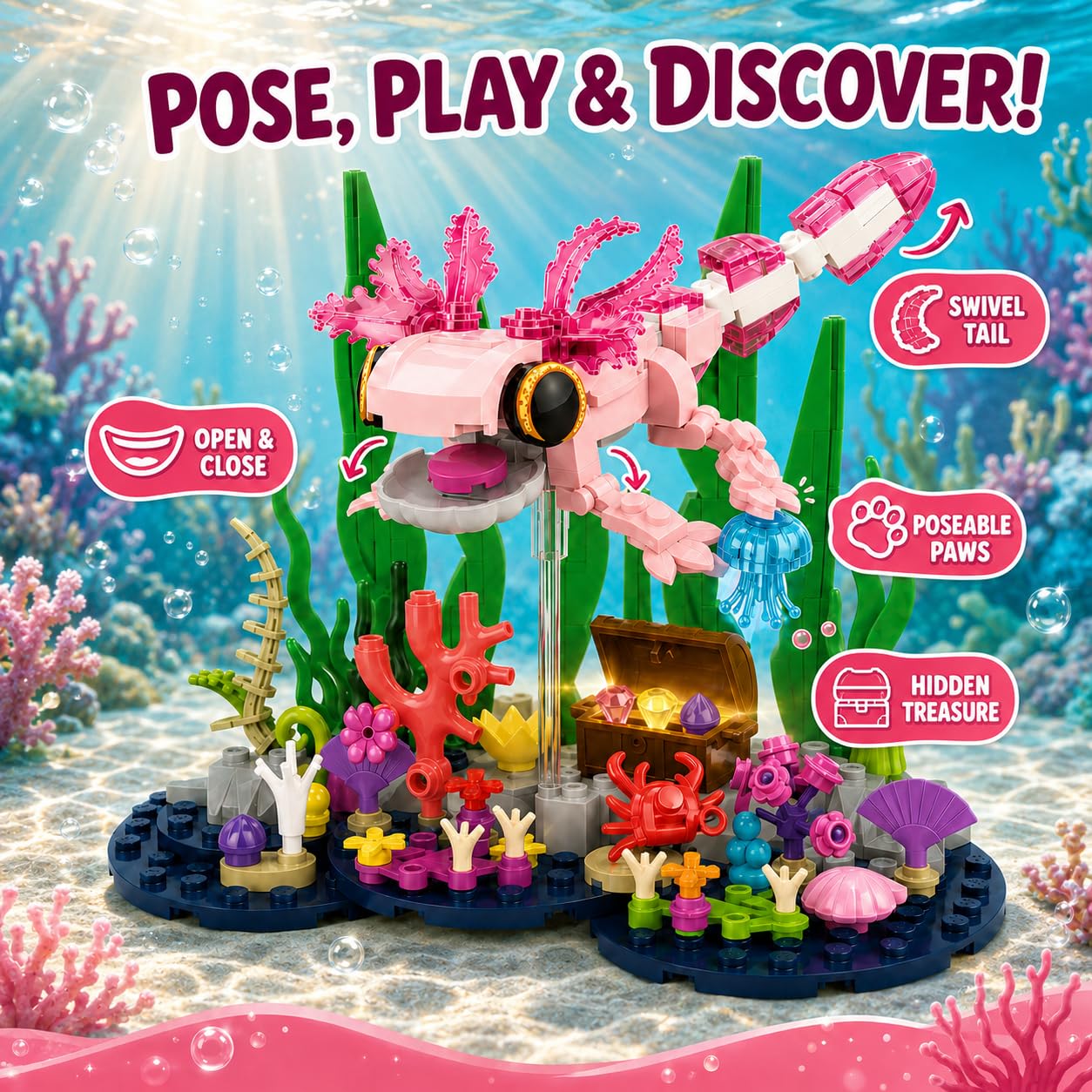 Axolotl Giocattolo da costruzione, carino rosa Axolotl subacqueo acquario | Con Axolotl mobile, scrigno nascosto, scena corallo, idea regalo per compleanno Natale