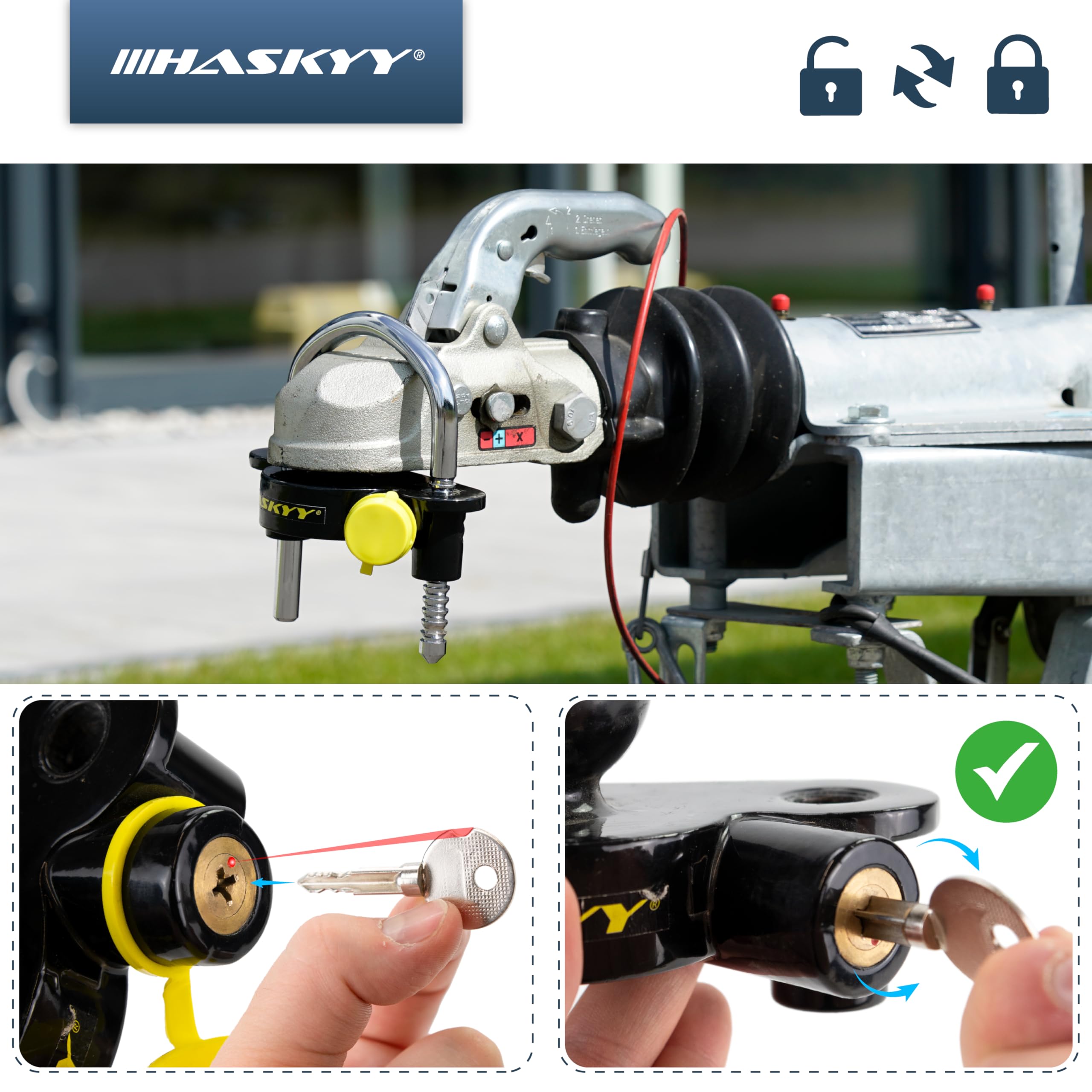 HASKYY Candado para enganche remolque I Robusto Candado para enganche para moto caravana tráiler I protección seguridad antirrobos llave I istema antirrobo Remolque I Candado de Seguridad