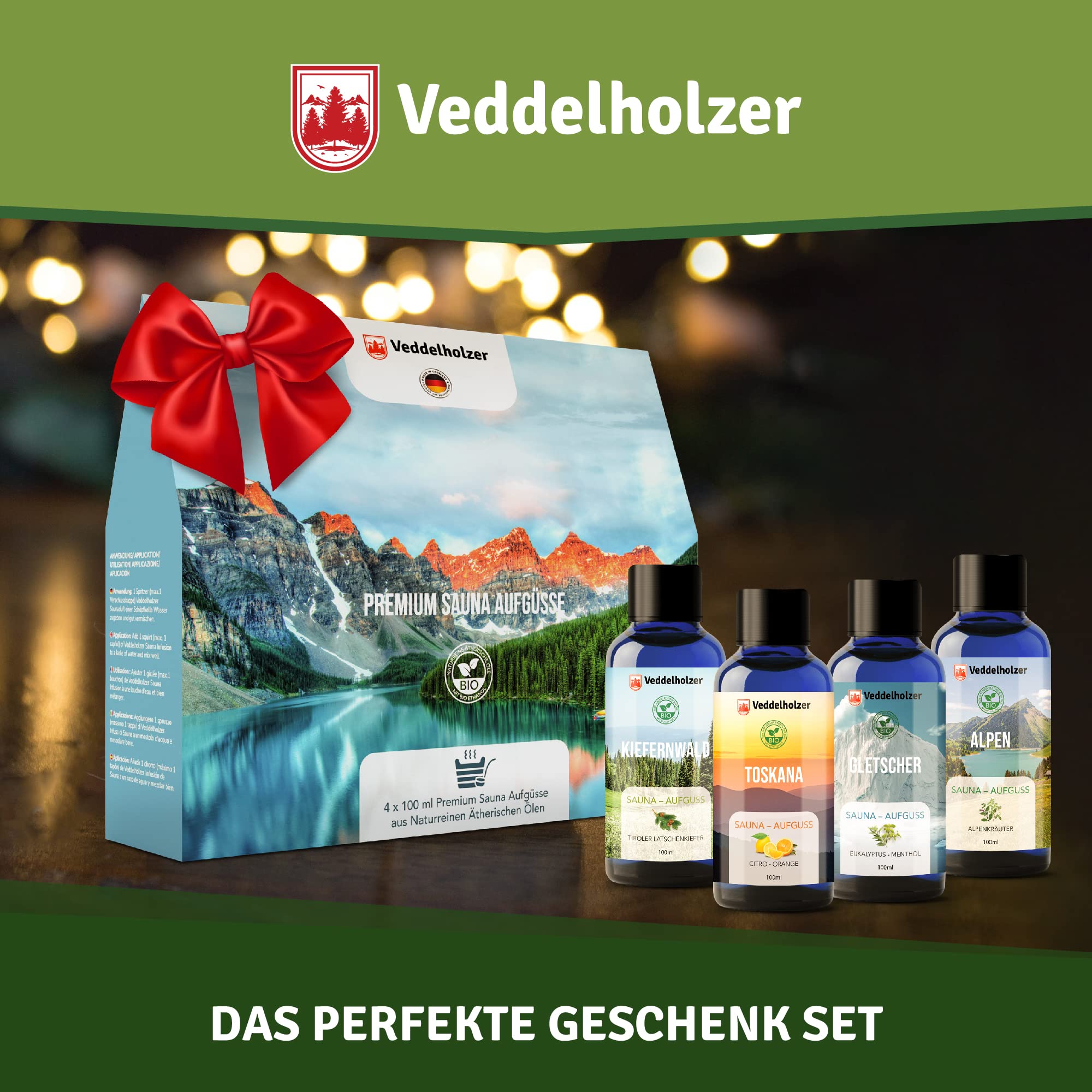 Veddelholzer Bio zestaw upominkowy do sauny, 4 x 100 ml, różne olejki do sauny, zapach do sauny, akcesoria do sauny, wszystko w jednym zestawie do sauny, środek do zaparzania w 100% z naturalnych