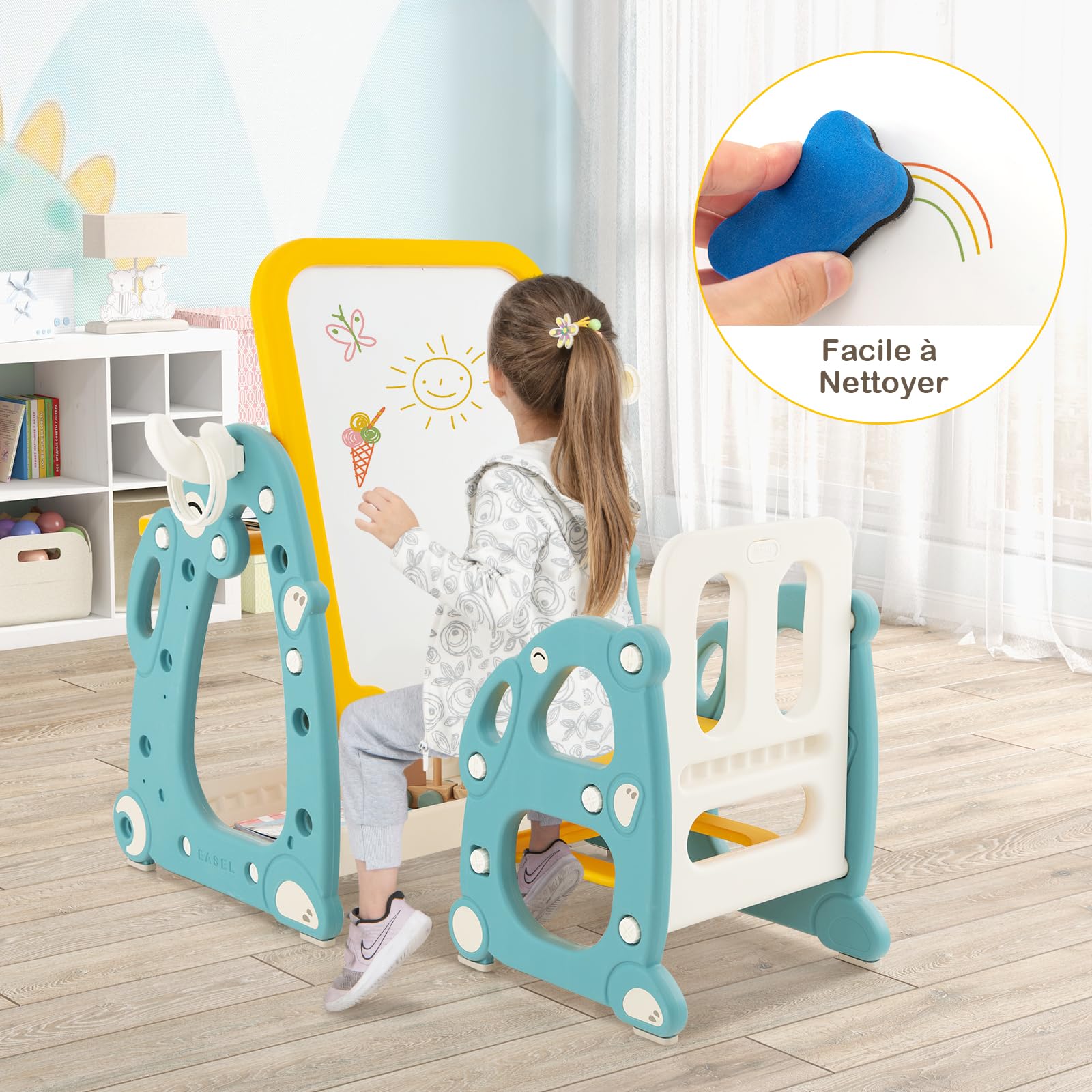GOPLUS 4 en 1 Tableau Enfant avec Chaise, Table Enfant Tableau Blanc Magnétique Réglable avec Banc avec Télescope,Lancer d'Anneaux, Effaçable à Sec et Marqueurs 1-8 Ans