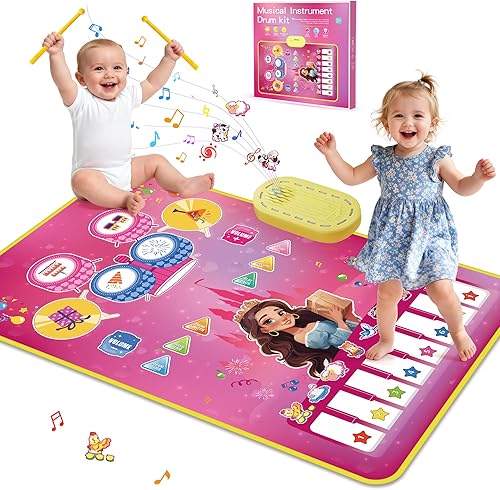 Piano Mat - Juguetes para bebés y niñas, 3 en 1, tambor de piano para niños, tapete de juego musical para niños de 12 a 36 meses, regalos de