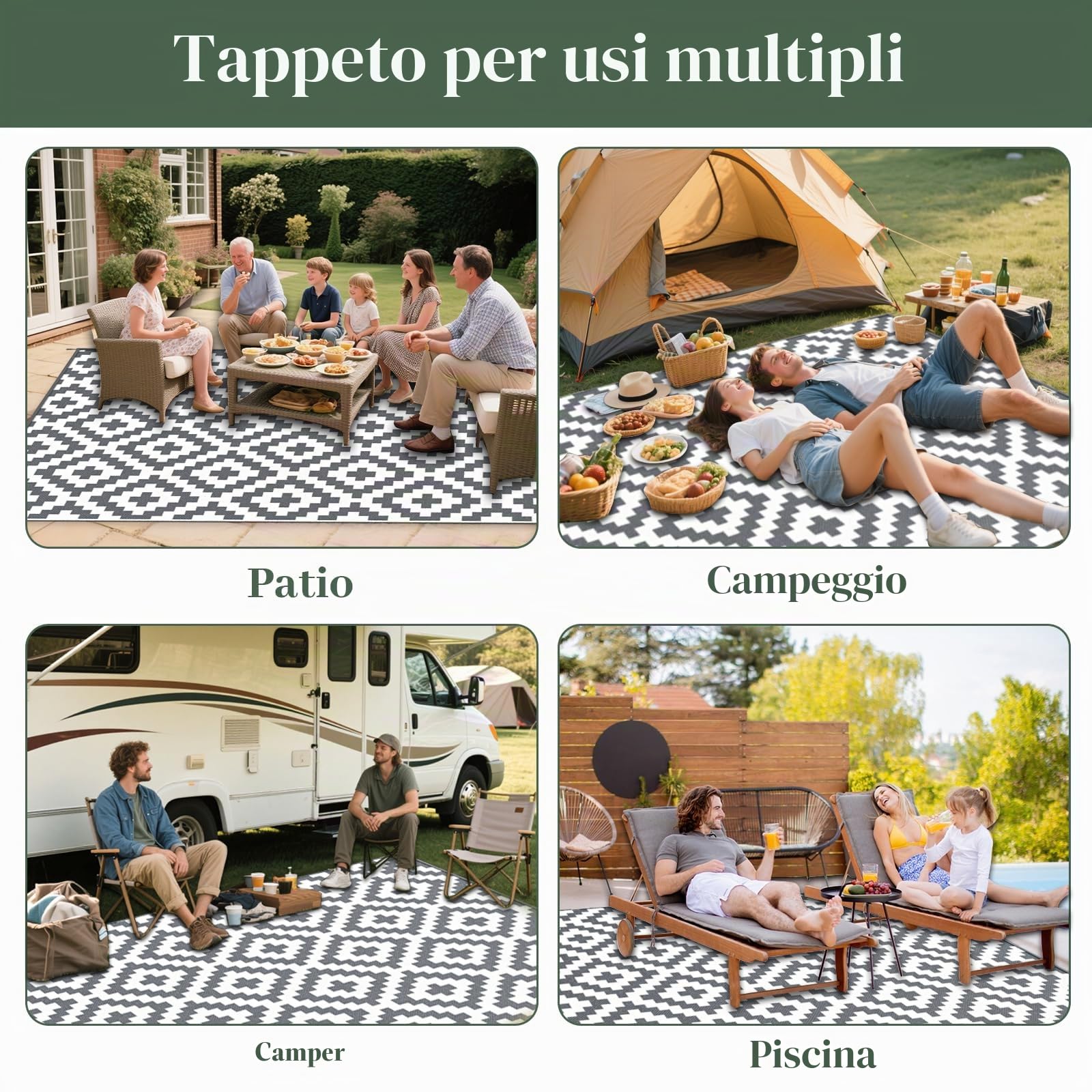 Mokani Tappeto da esterno 150x240cm antiscivolo impermeabile UV resistente plastica giardino patio spiaggia