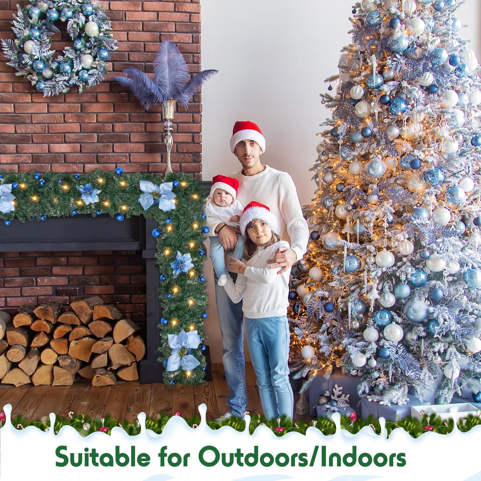 Riceshoot 2 Pcs 9 ft Christmas Garland with Lights Pre Lit Xmas Artificial Flower Vine Plants Battery Operated 220 LED Lighted Christmas Garland Decorations for Fireplace Stair Door (Blue)