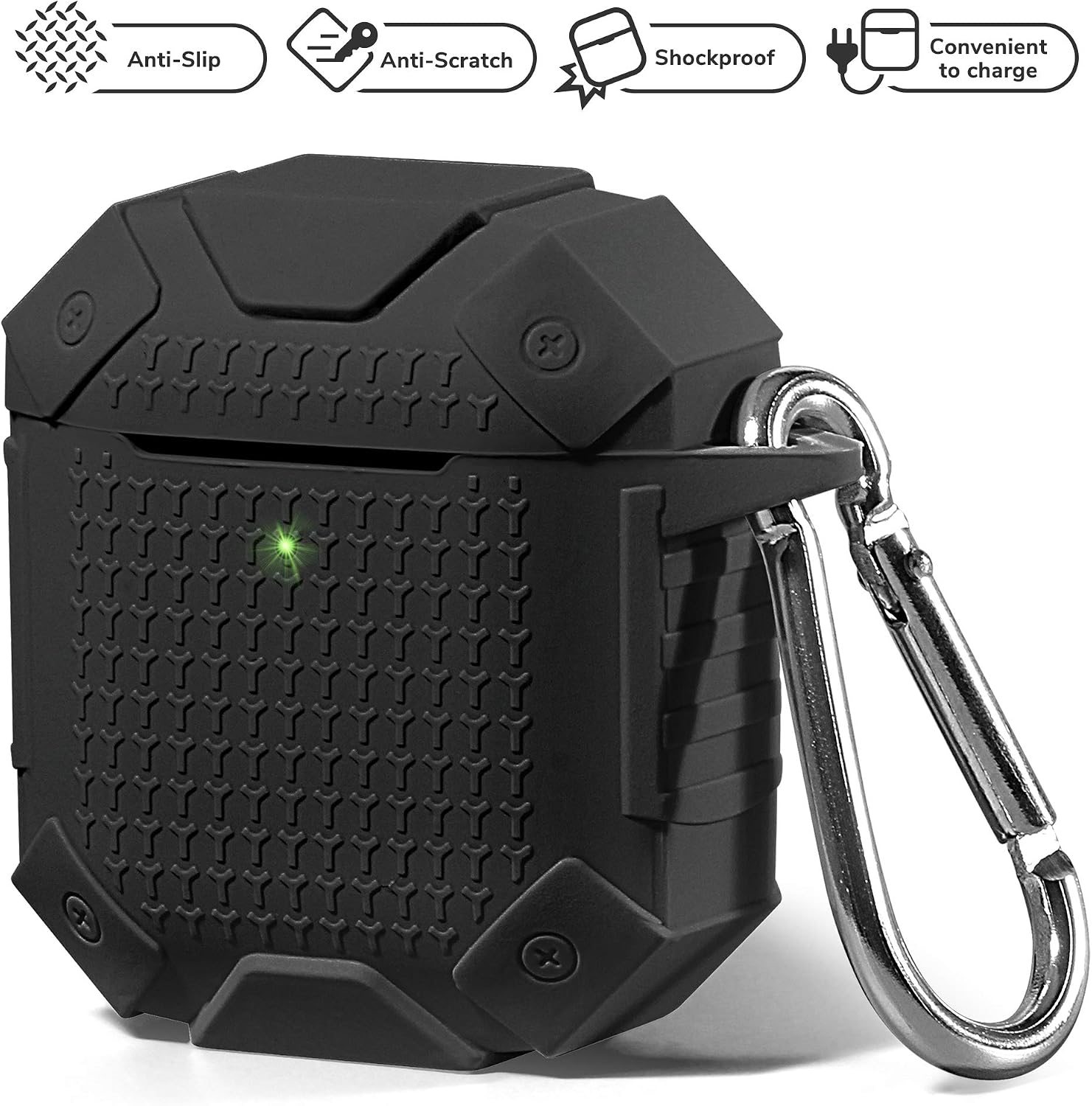 GMYLE Silicone Case for AirPods, Luxury Heavy Duty Armor Defender Protective Shockproof Wireless Charging Airpod Cover Skin with Keychain Accessory kit Compatible for Apple AirPods 1 & 2, Black