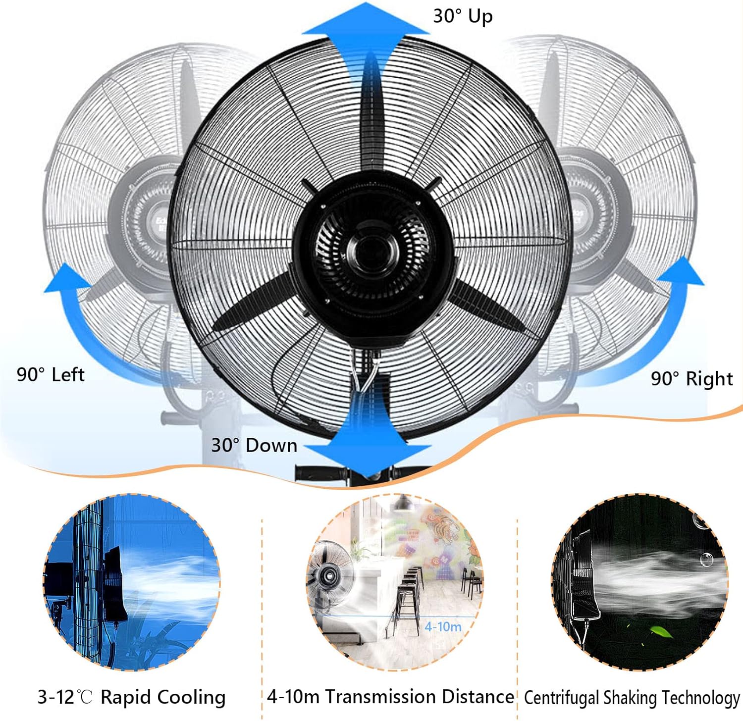Oscillating Misting Fan, 3 Cooling Speeds Pedestal Fan with Mist, 11 Gallon Tank, Electric Fans for Backyards, Patios and More, Black
