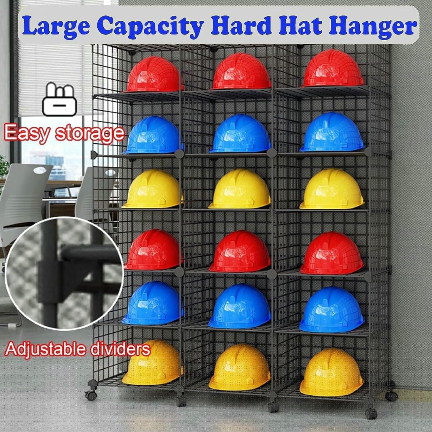 Large Adjustable Hard Hat Storage Rack with Wheels - Stackable Safety Helmet Organizer Box, Iron Wire Frame for Workshop Display, Space-Saving Solution