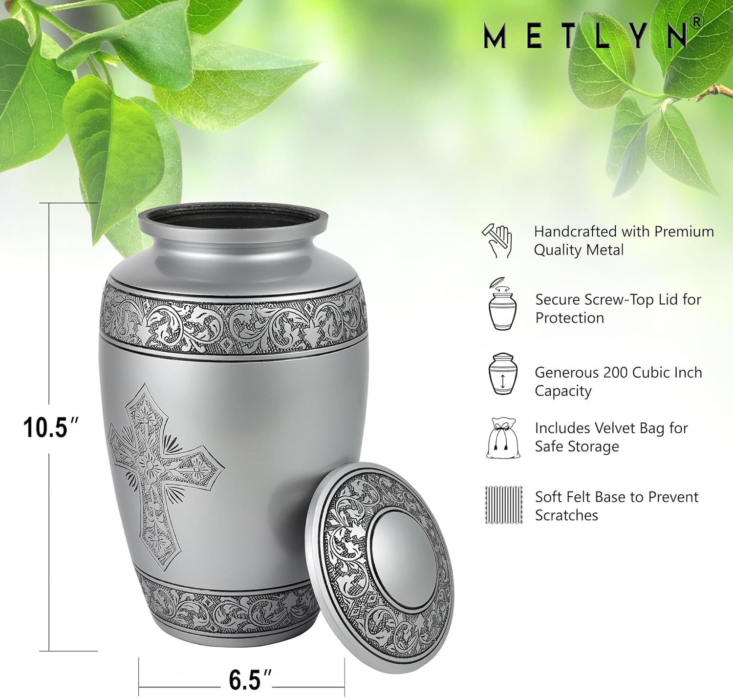 Classic Cremation Urns for Human Ashes with Velvet Bag - Pewter Silver Cross Engraved Handcrafted Aluminum Funeral Memorial Burial Urn for Ashes Adult Male and Female (Large)