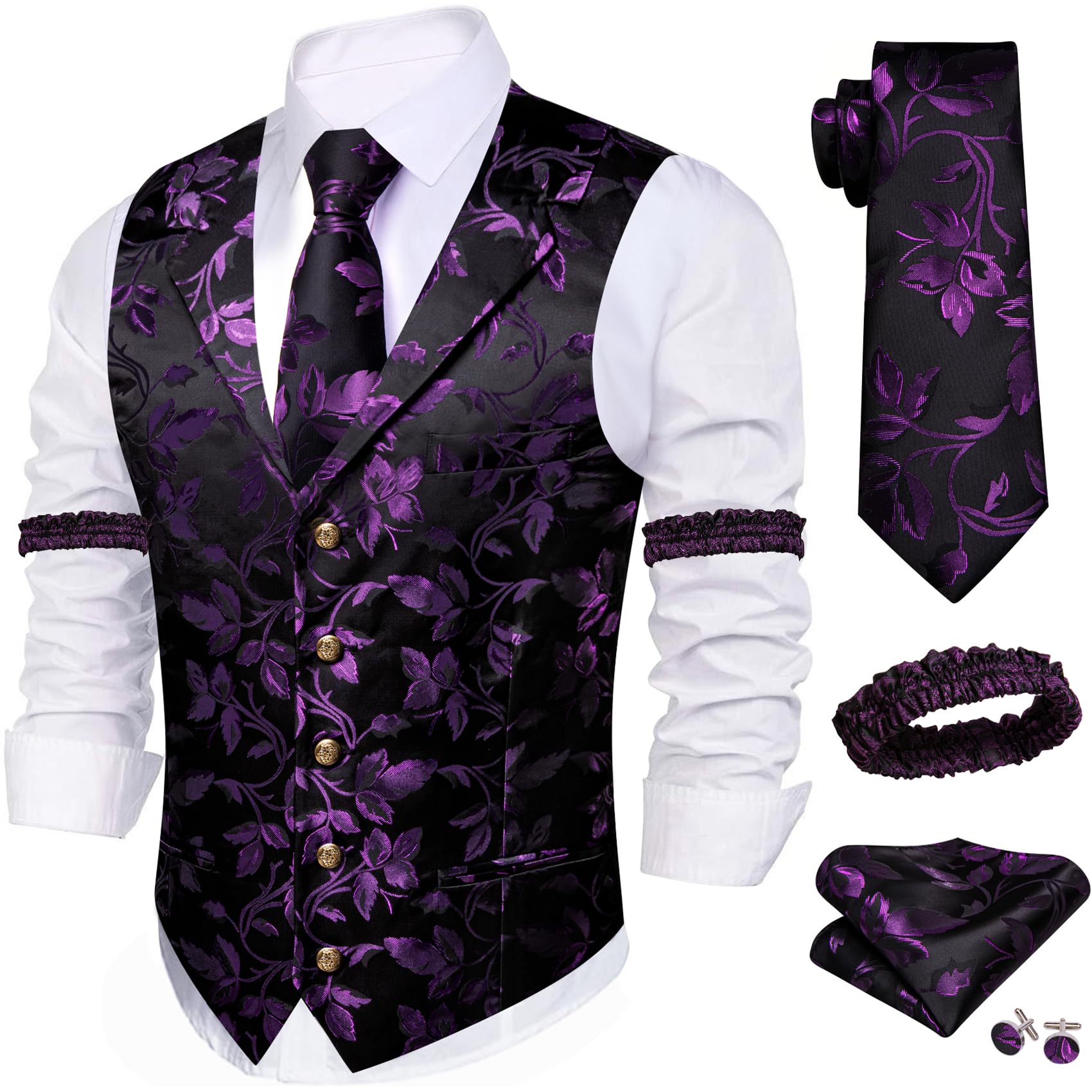 Barry.Wang Mens Silk Paisley/Floral Suit Vest Tie Sleeve Holder Set 5PCS