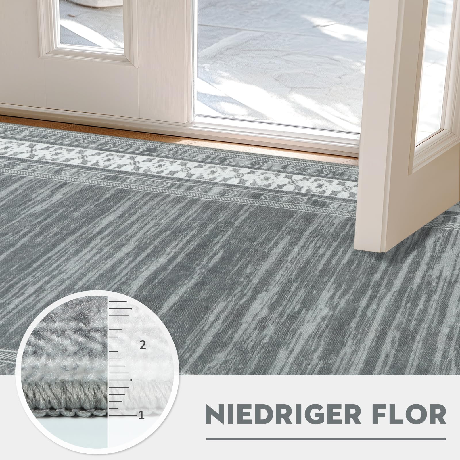 Läufer Teppich für Flur Waschbarer Kurzflor Teppich mit rutschfestem Gummirücken Modern Küchenläufer für Eingangsbereich, Waschküche & Wohnhausflur 80x300cm