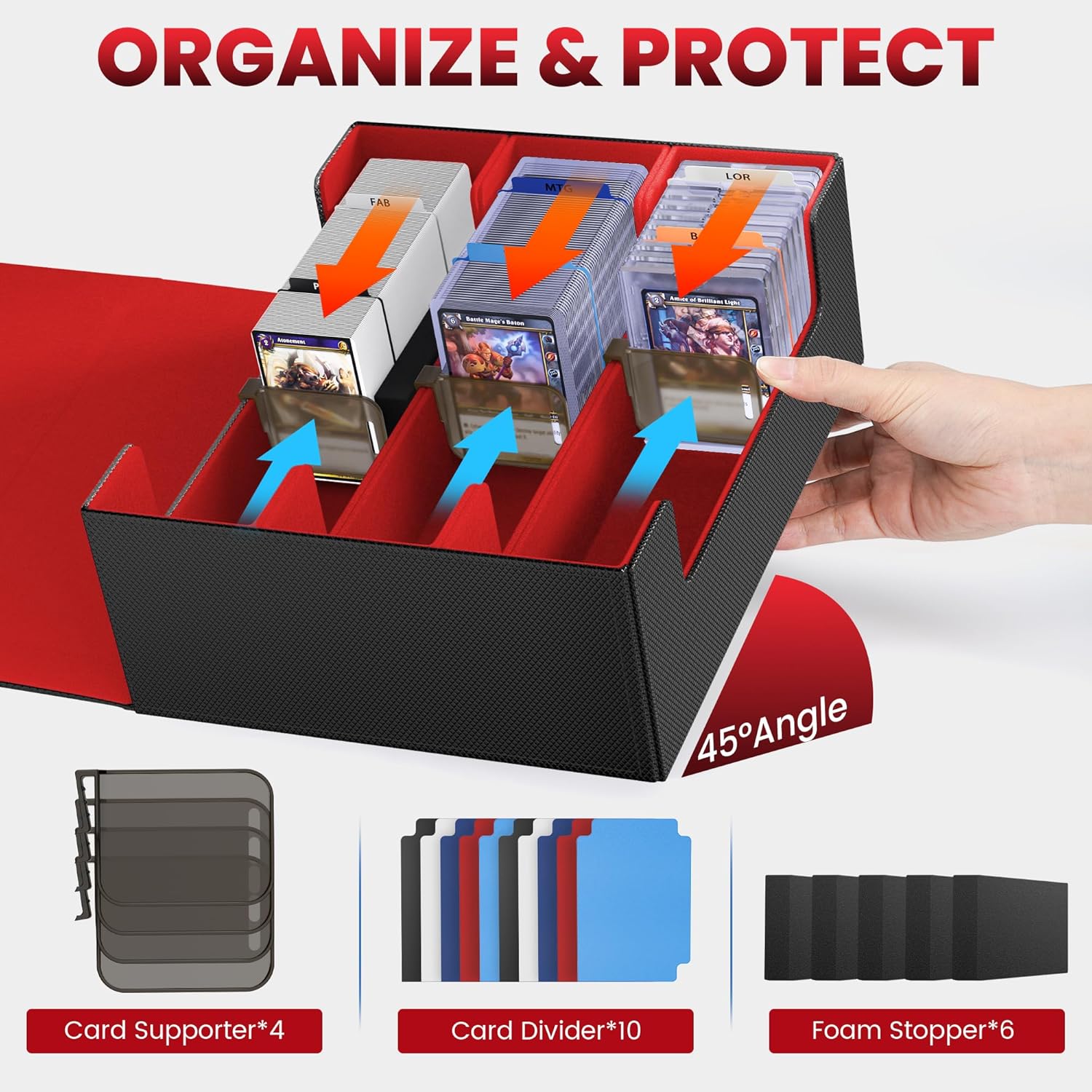 Card Storage Box For Trading Cards 1800+,Card Deck Box With 10 Dividers,6 Foam Stoppers,4 Supporters,Commander Deck Case Fit For Toploaders,MTG,YuGiOh,TCG and Magic Cards