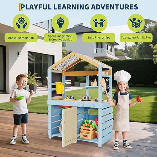 Miniatura 6 de Cocina de barro de madera al aire libre para niños, cocina de juego de madera con toldo, fregadero y grifo extraíbles, pizarra de tiza de doble