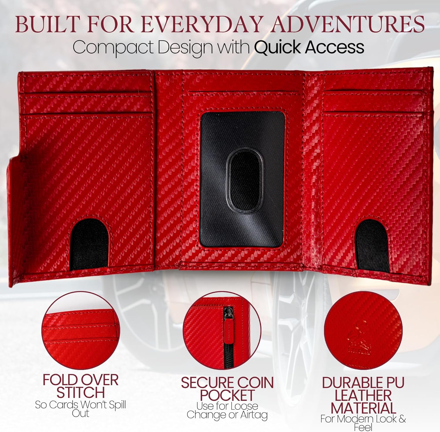 BULL GUARD Trifold RFID Blocking Front Pocket Wallet for Men, Secured Card Slots & Coin Pocket with Magnetic Closure, Durable & Modern Leather Design in Carbon Red Passion - Image 3