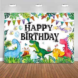 2.1x1.5m Toile de Fond Dinosaure Dessin animé Aquarelle Jungle Dinosaure Photo Joyeux Anniversaire Photographie Fond Enfants Garçons Filles Dino Thème Anniversaire Fête Décorations