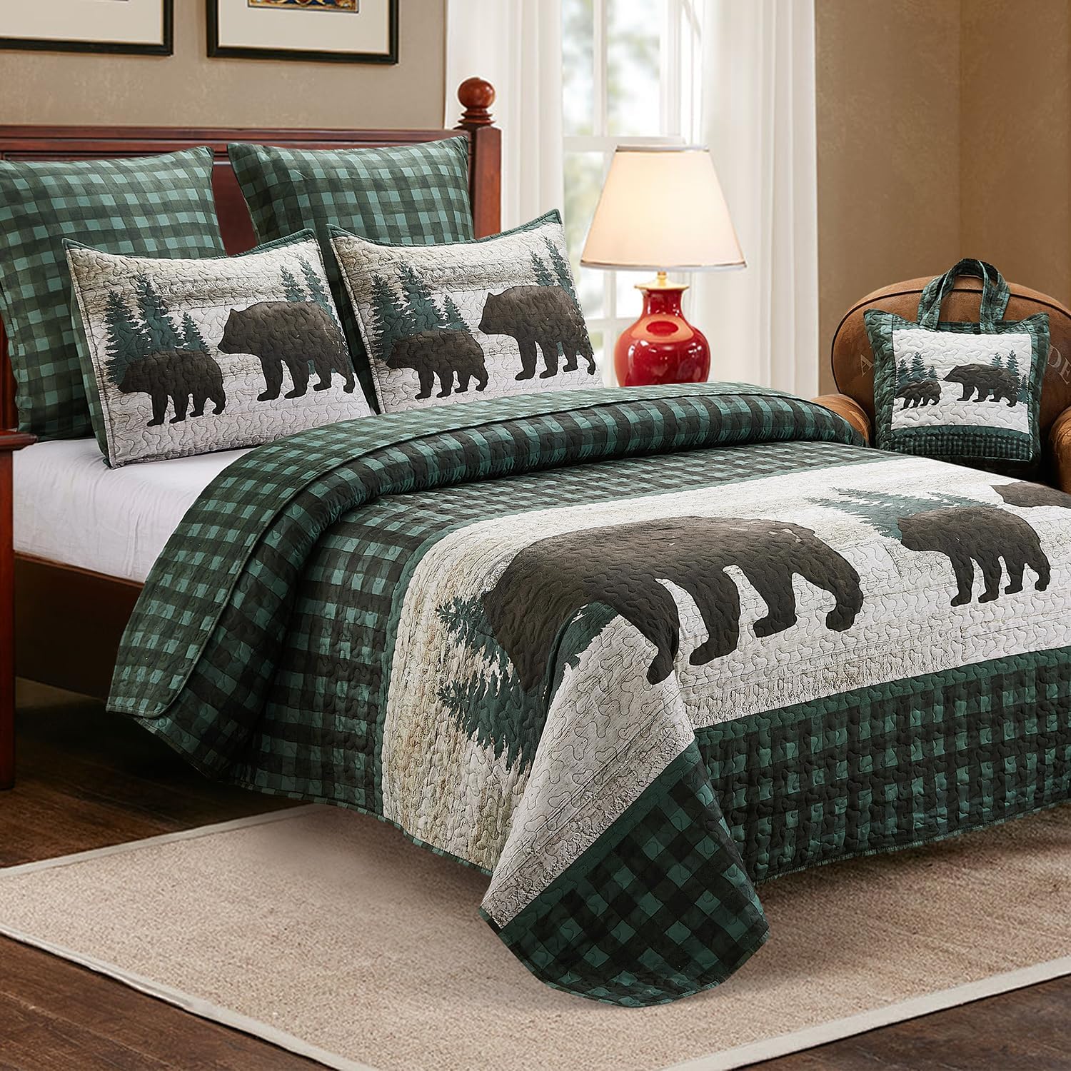Virah Bella - King Rustic Quilt Set with Matching Tote - Cabin Bedding Comforter Set 2 Shams - Polyester Patchwork Microfiber Back, Warm and Comfortable, Lodge Décor - Bear Wilderness